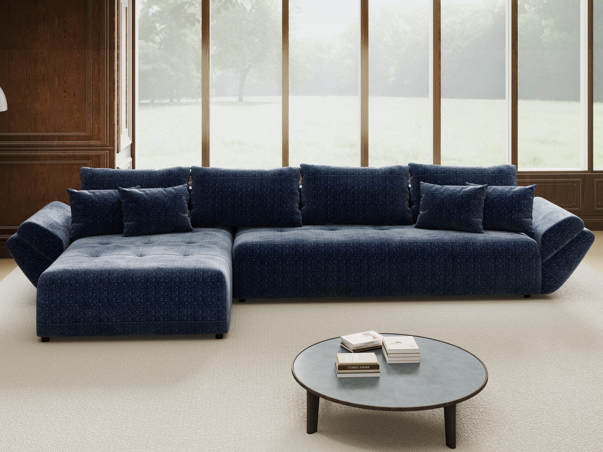 Colțar extensibil dumonde cu ladă de depozitare si sezut confortabil din spuma high-density, Berlin XL Cremona Albastru 79 350x185 cm
