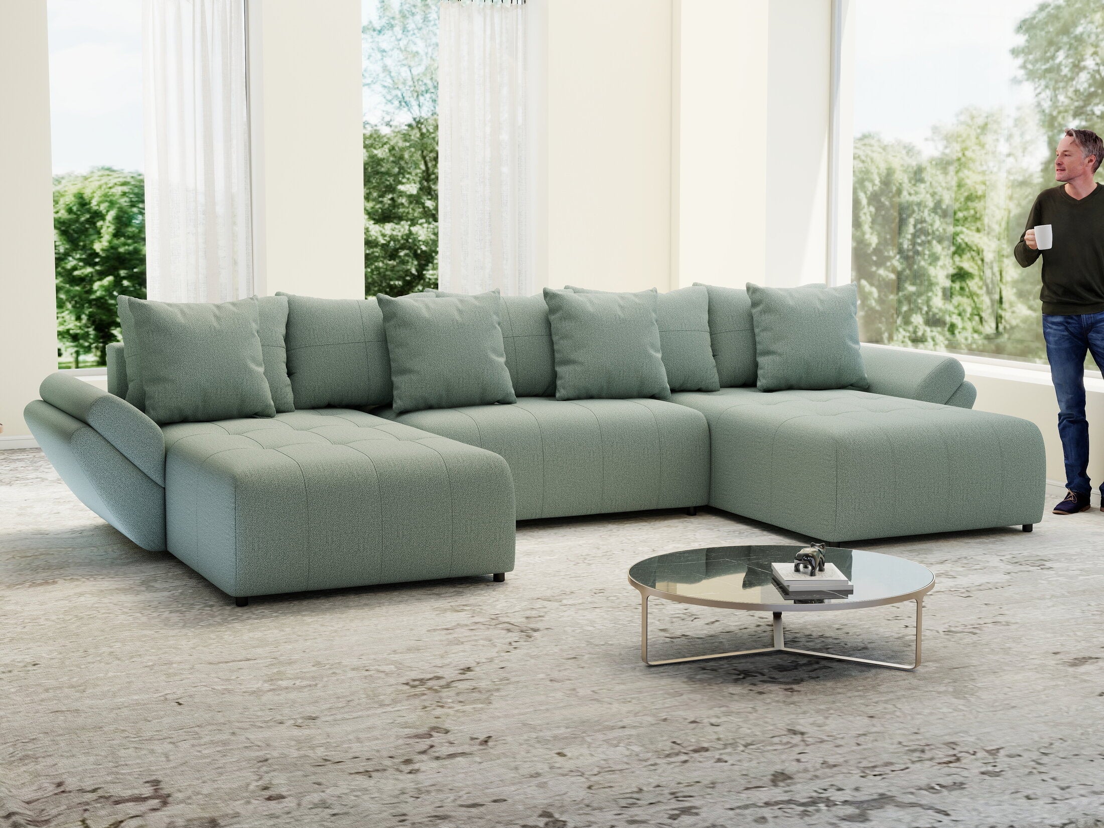 Colțar extensibil dumonde cu ladă de depozitare si sezut confortabil din spuma high-density, Berlin U Enjoy Mint 400x185 cm