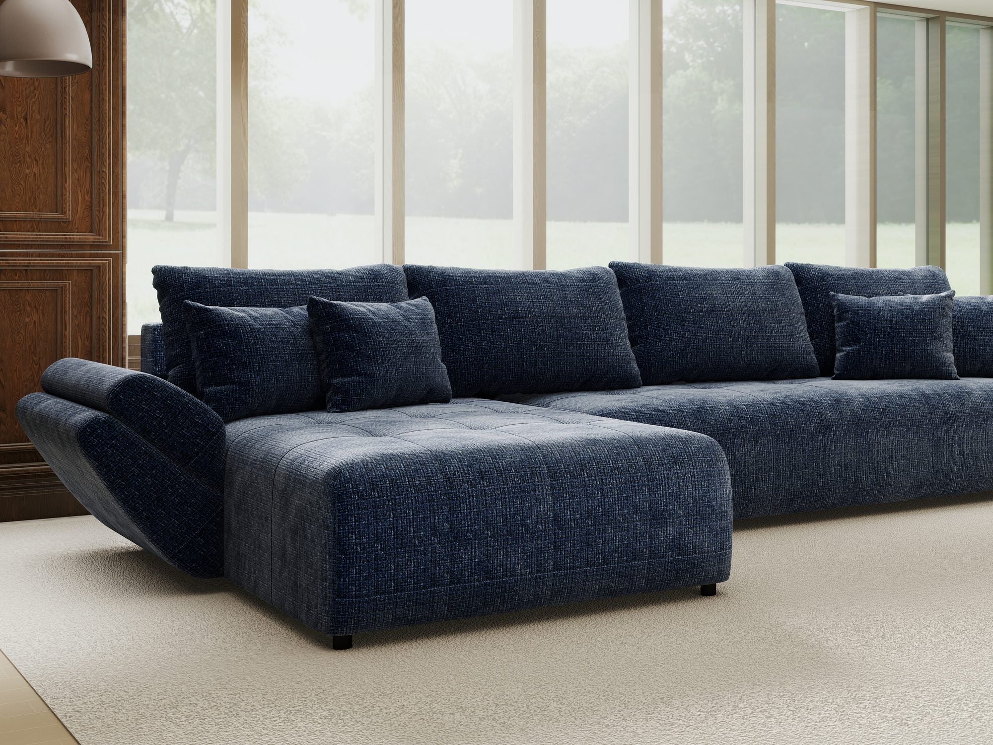 Colțar extensibil dumonde cu ladă de depozitare si sezut confortabil din spuma high-density, Berlin XL Cremona Albastru 79 350x185 cm