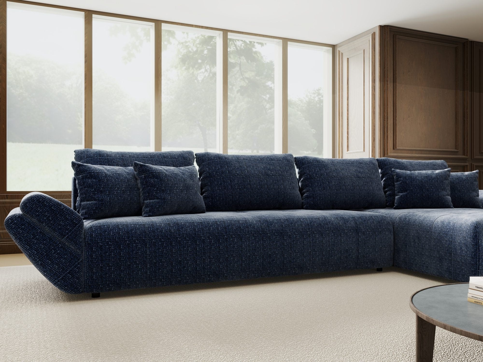 Colțar extensibil dumonde cu ladă de depozitare si sezut confortabil din spuma high-density, Berlin XL Cremona Albastru 79 II 350x185 cm