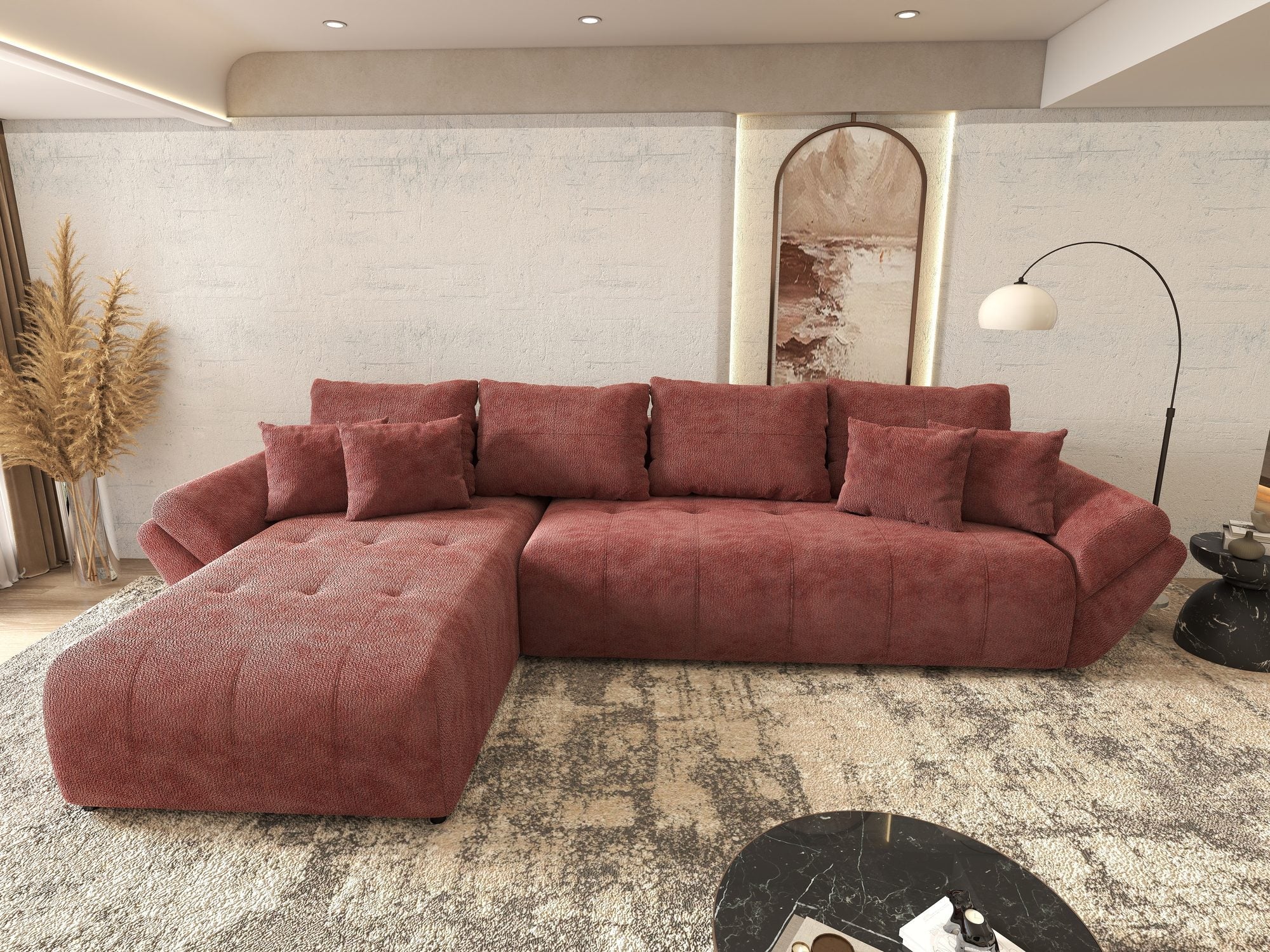 Colțar extensibil dumonde cu ladă de depozitare si sezut confortabil din spuma high-density, Berlin XL Vibe Rosu 58 350x185 cm