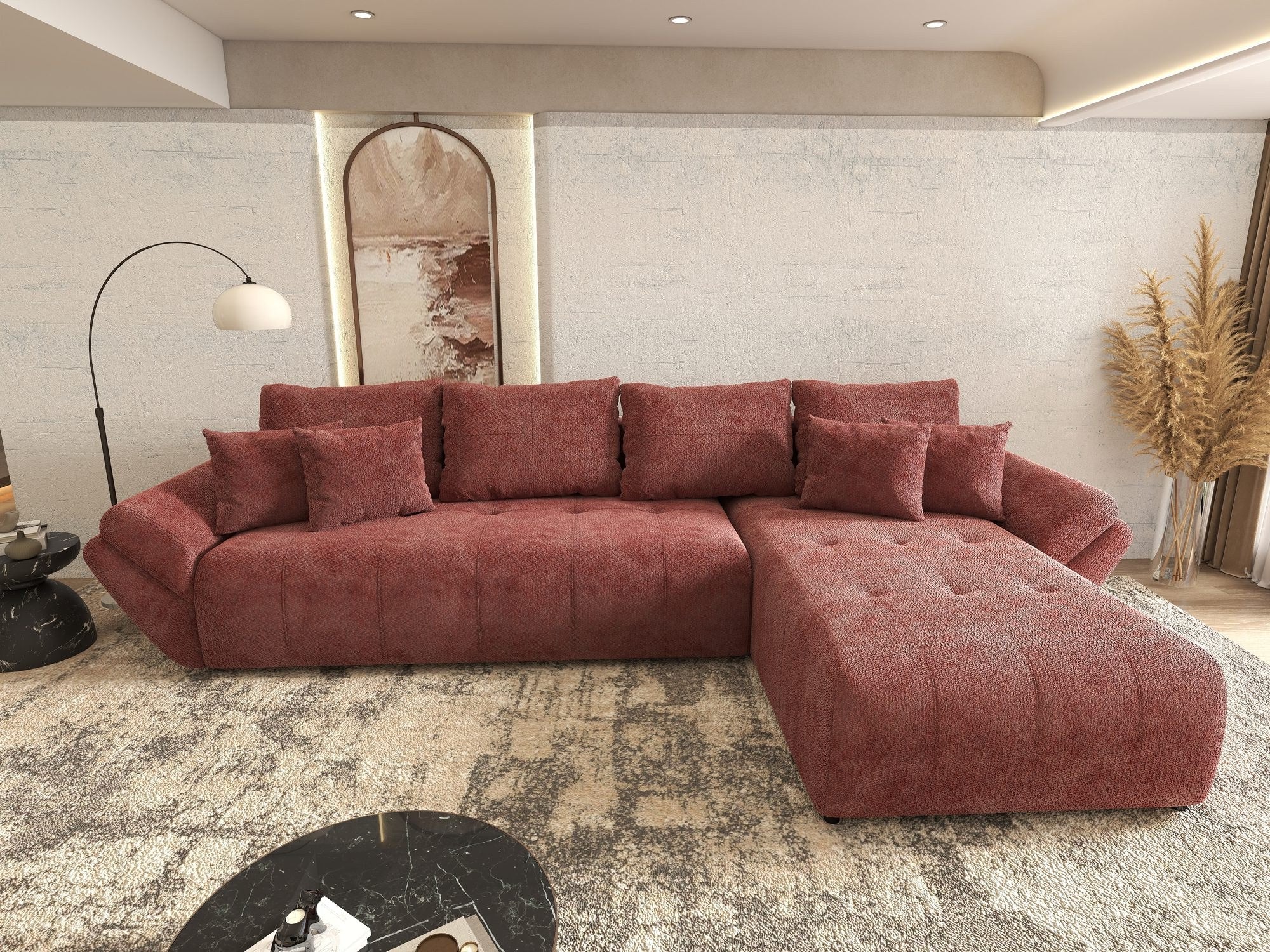 Colțar extensibil dumonde cu ladă de depozitare si sezut confortabil din spuma high-density, Berlin XL Vibe Rosu 58 II 350x185 cm