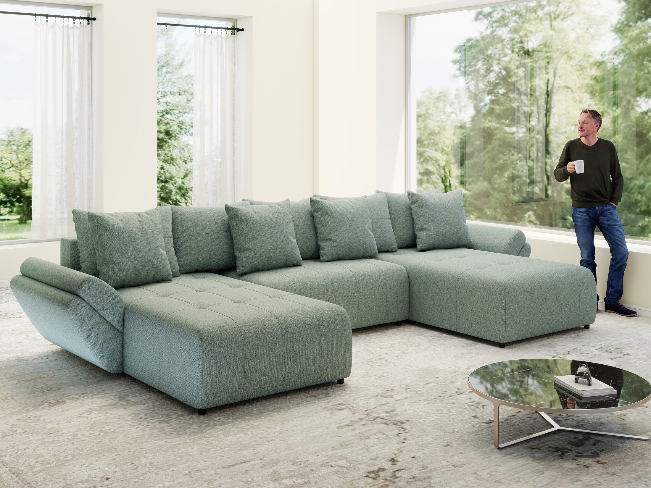 Colțar extensibil dumonde cu ladă de depozitare si sezut confortabil din spuma high-density, Berlin U Enjoy Mint 400x185 cm