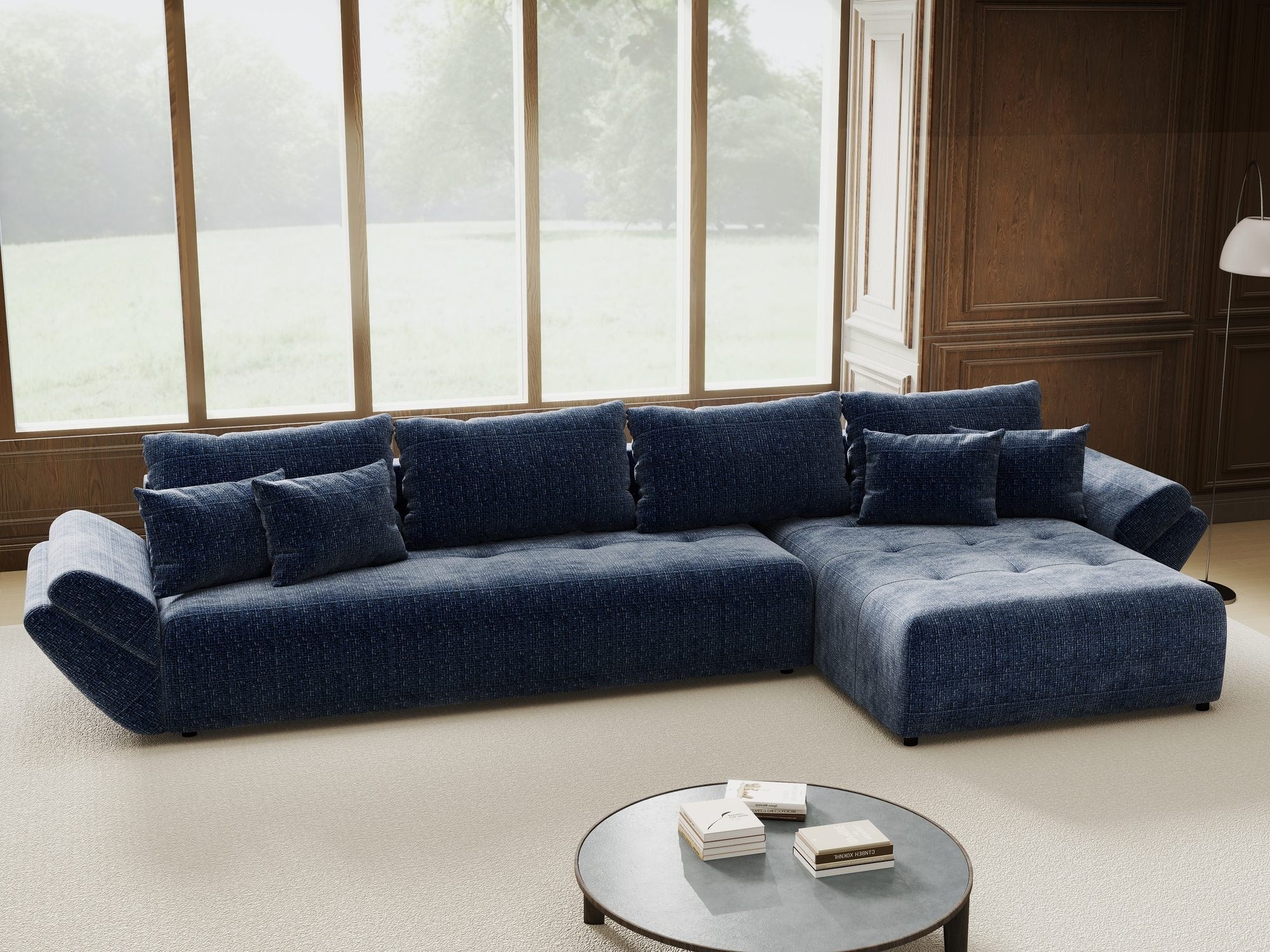Colțar extensibil dumonde cu ladă de depozitare si sezut confortabil din spuma high-density, Berlin XL Cremona Albastru 79 II 350x185 cm