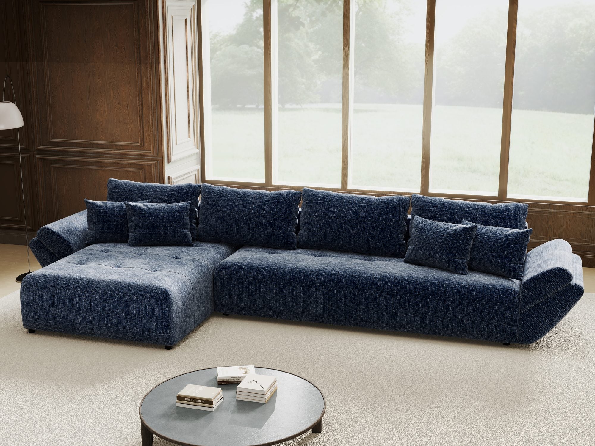 Colțar extensibil dumonde cu ladă de depozitare si sezut confortabil din spuma high-density, Berlin XL Cremona Albastru 79 350x185 cm