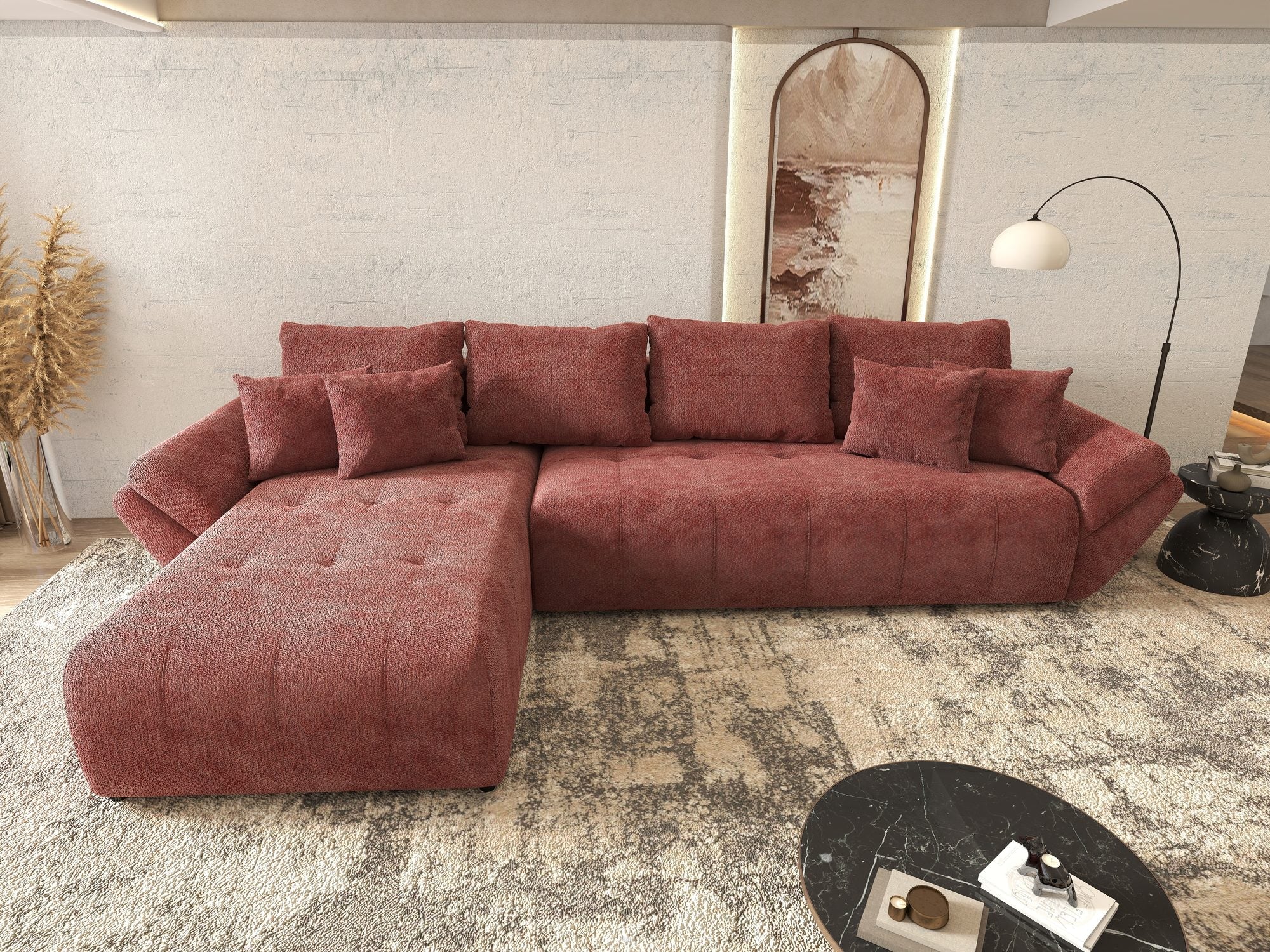 Colțar extensibil dumonde cu ladă de depozitare si sezut confortabil din spuma high-density, Berlin XL Vibe Rosu 58 350x185 cm