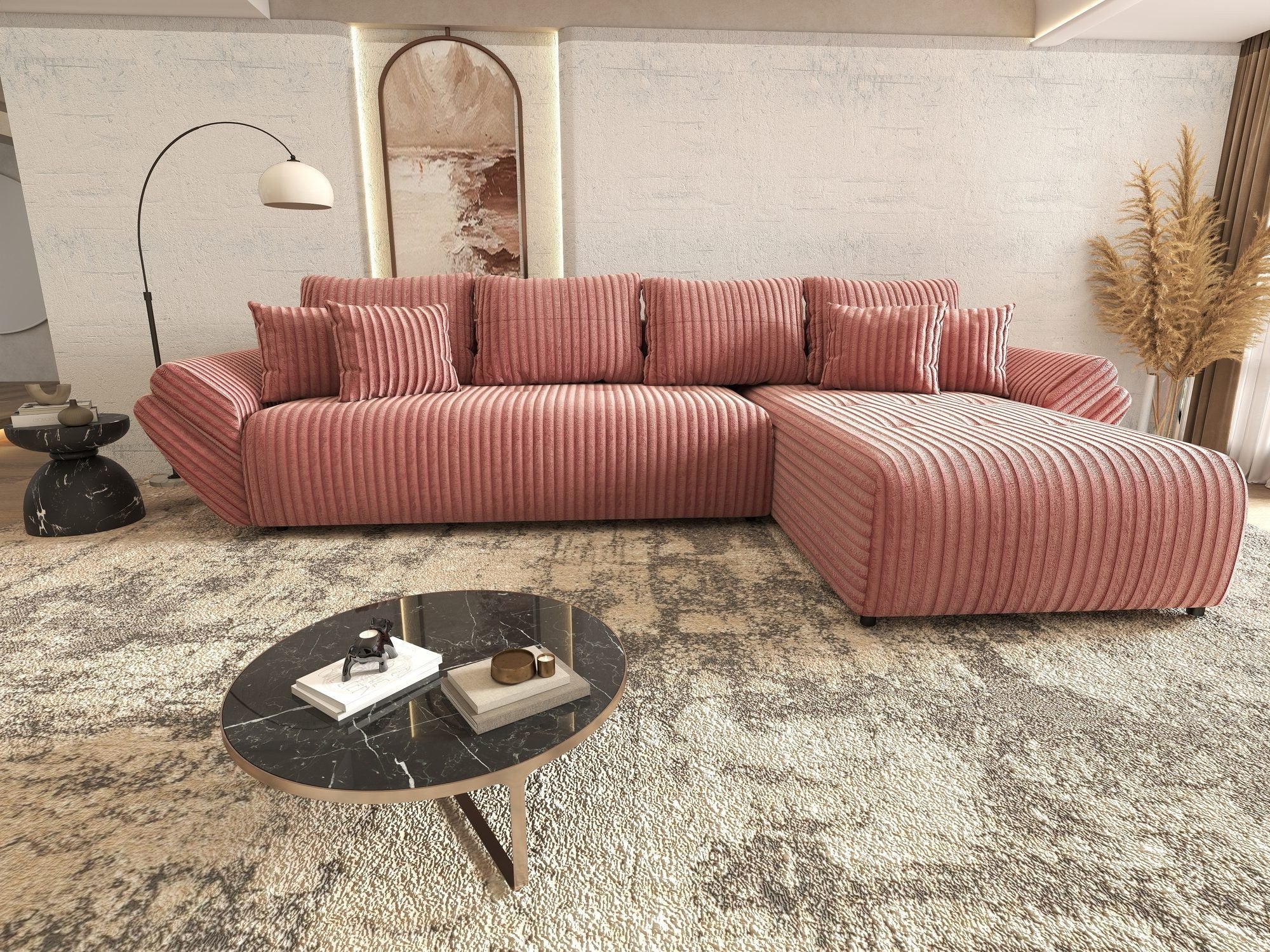 Colțar extensibil dumonde cu ladă de depozitare si sezut confortabil din spuma high-density, Berlin XL Tilia Roz Pudrat 62 II 350x185 cm