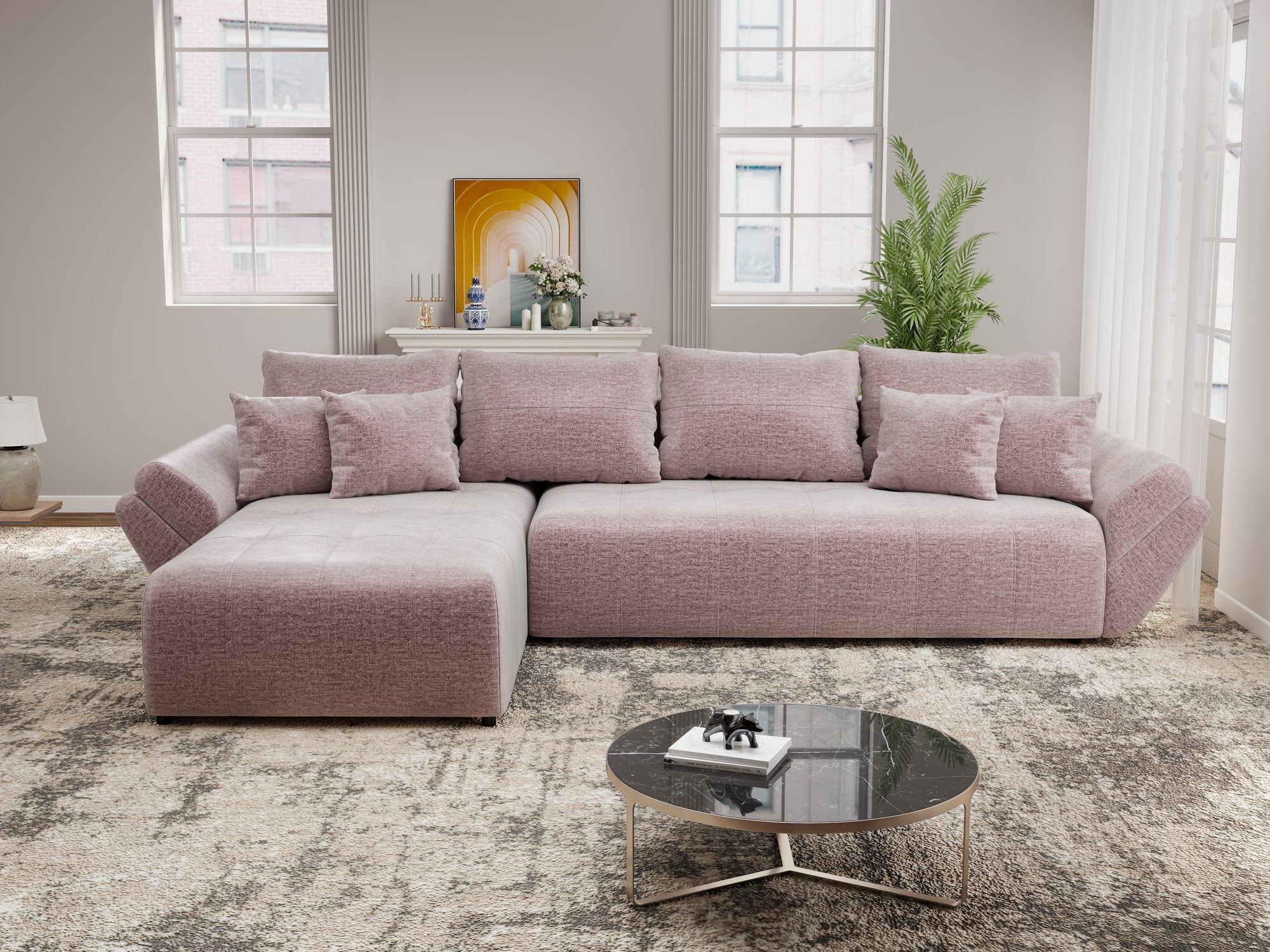 Colțar extensibil dumonde cu ladă de depozitare si sezut confortabil din spuma high-density, Berlin XL Monolith Roz Pudrat 62 350x185 cm