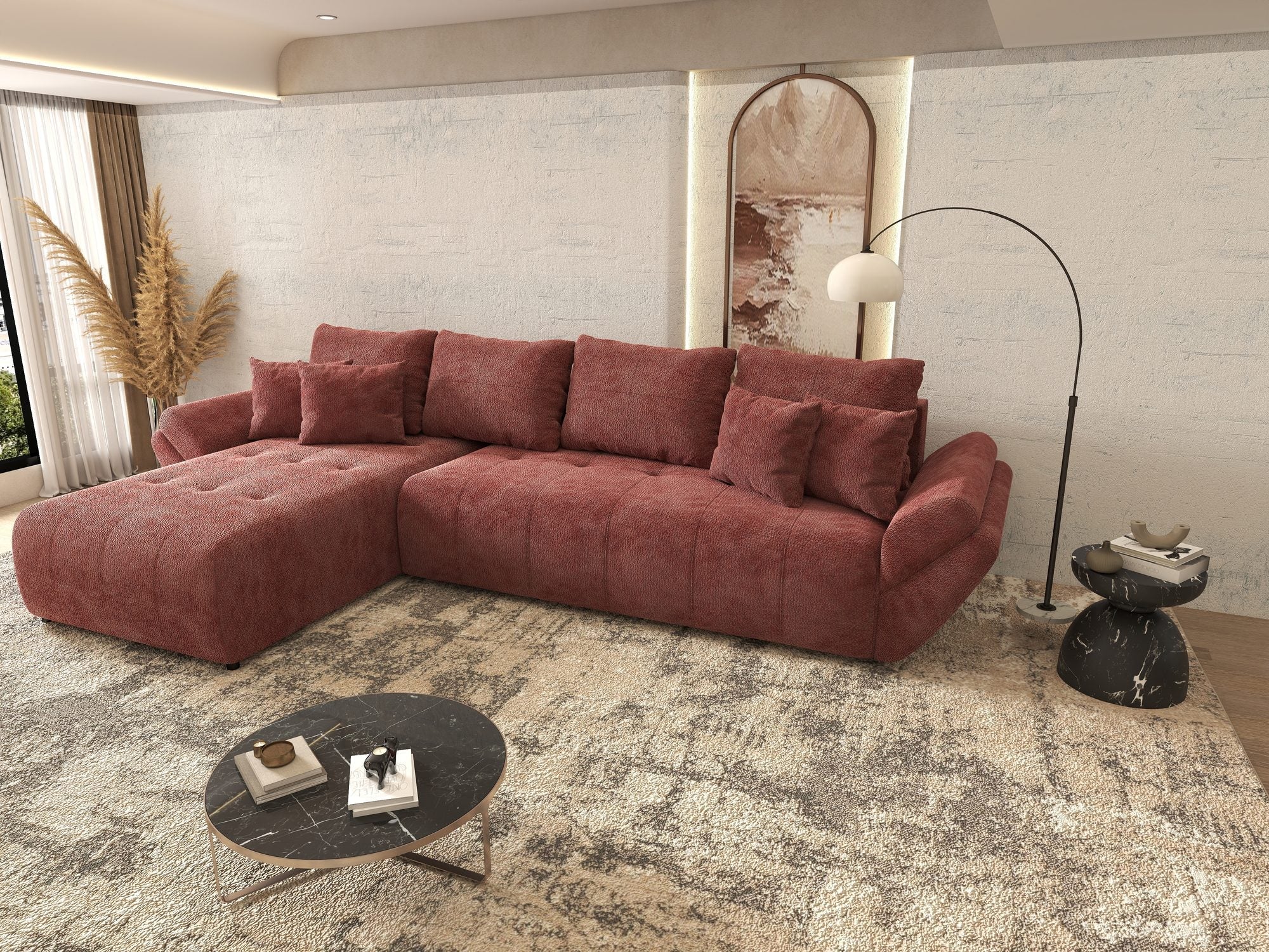 Colțar extensibil dumonde cu ladă de depozitare si sezut confortabil din spuma high-density, Berlin XL Vibe Rosu 58 350x185 cm