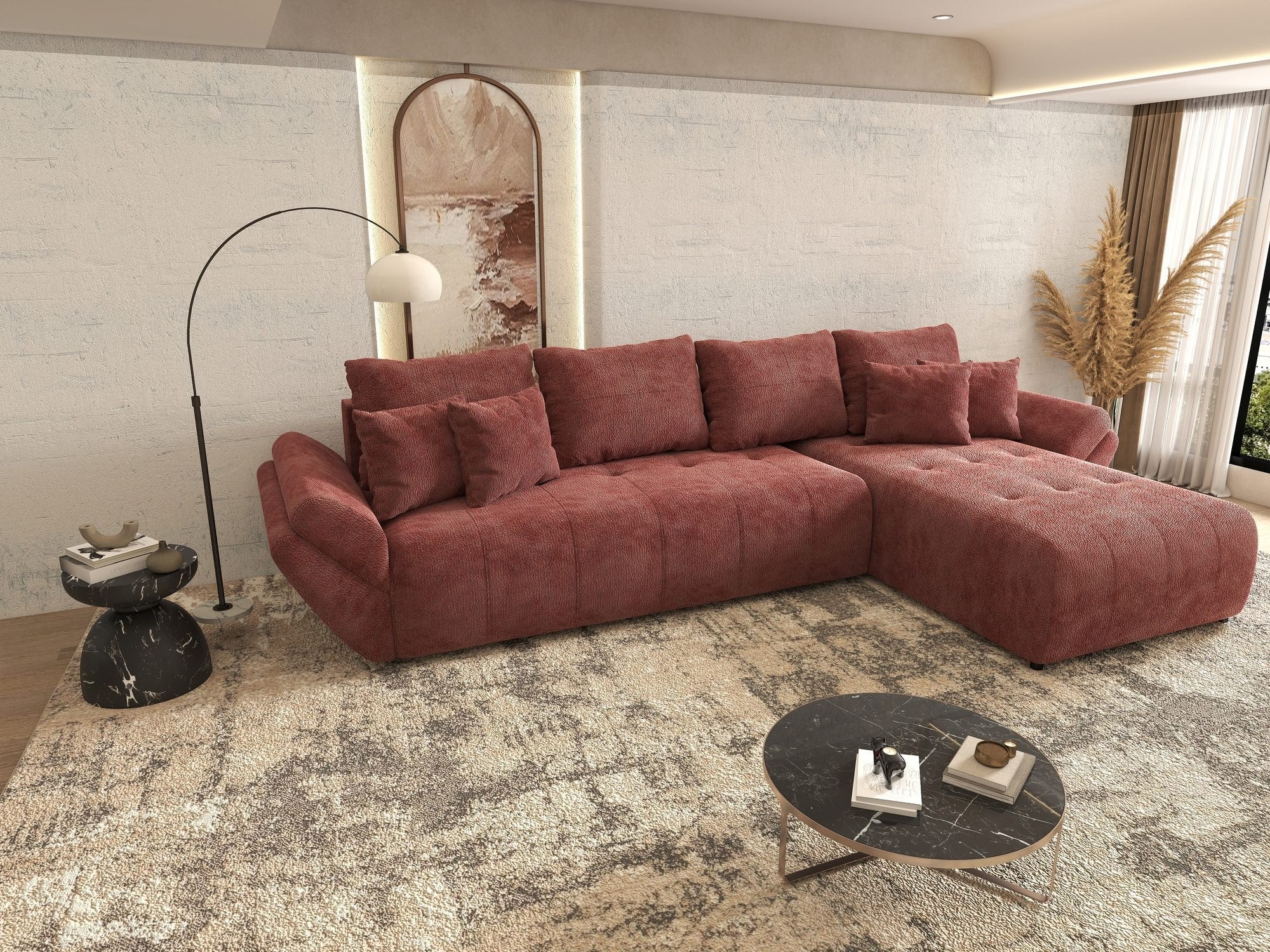 Colțar extensibil dumonde cu ladă de depozitare si sezut confortabil din spuma high-density, Berlin XL Vibe Rosu 58 II 350x185 cm
