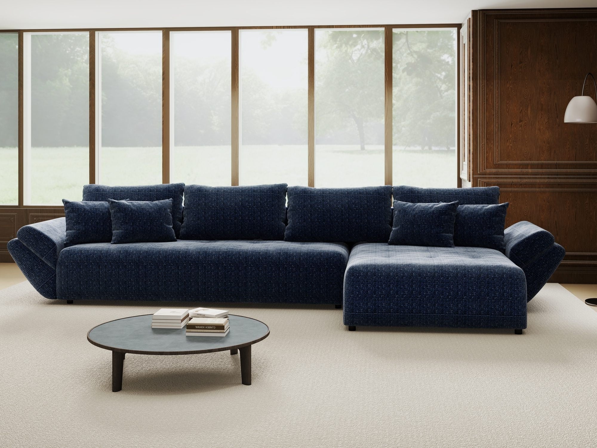 Colțar extensibil dumonde cu ladă de depozitare si sezut confortabil din spuma high-density, Berlin XL Cremona Albastru 79 II 350x185 cm