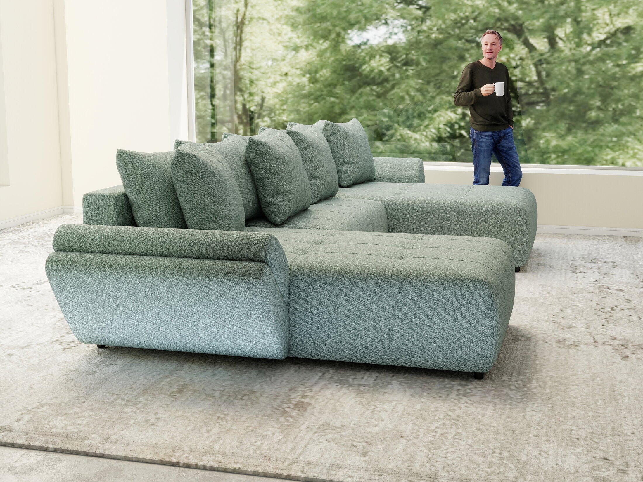 Colțar extensibil dumonde cu ladă de depozitare si sezut confortabil din spuma high-density, Berlin U Enjoy Mint 400x185 cm