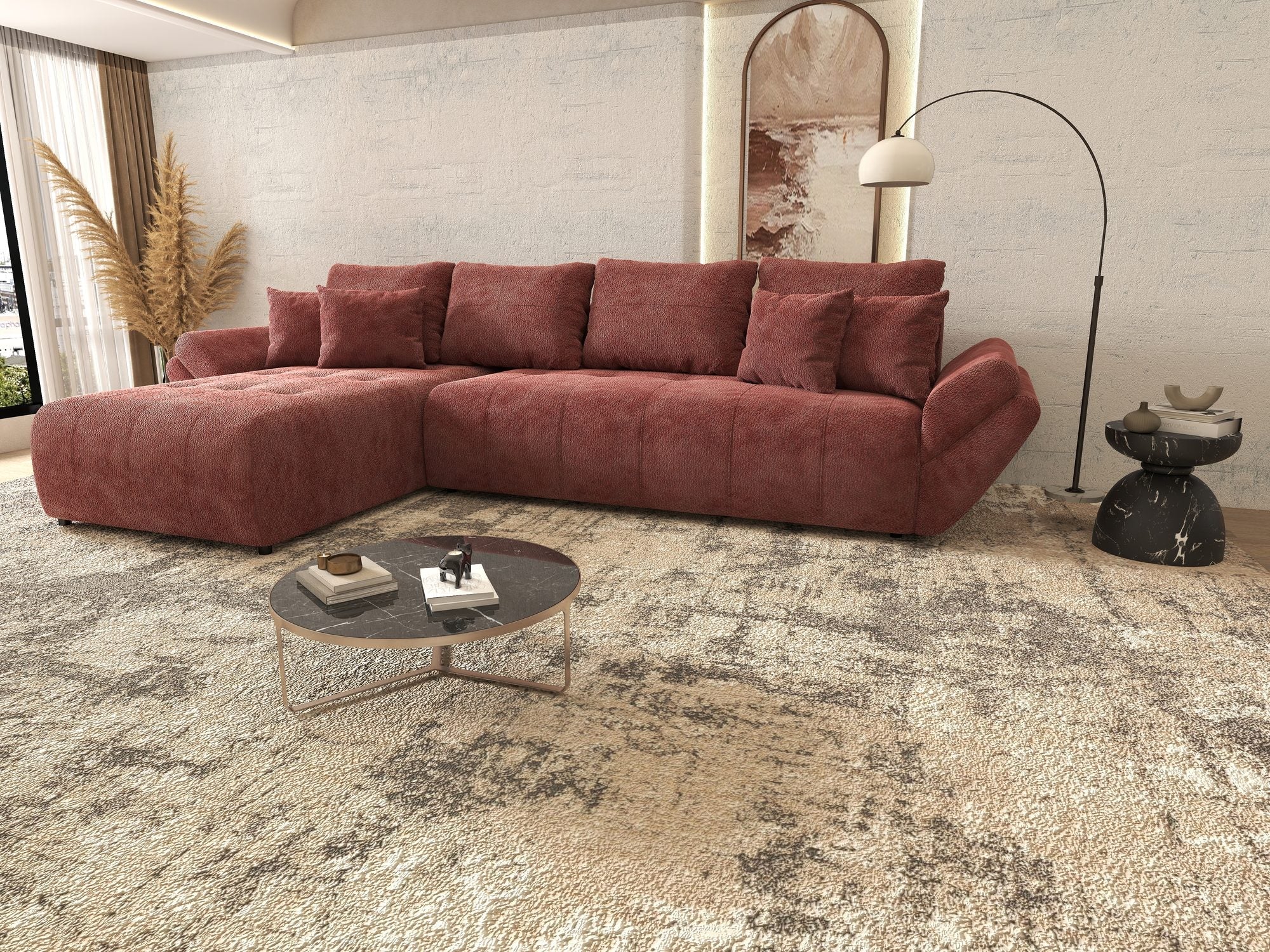 Colțar extensibil dumonde cu ladă de depozitare si sezut confortabil din spuma high-density, Berlin XL Vibe Rosu 58 350x185 cm