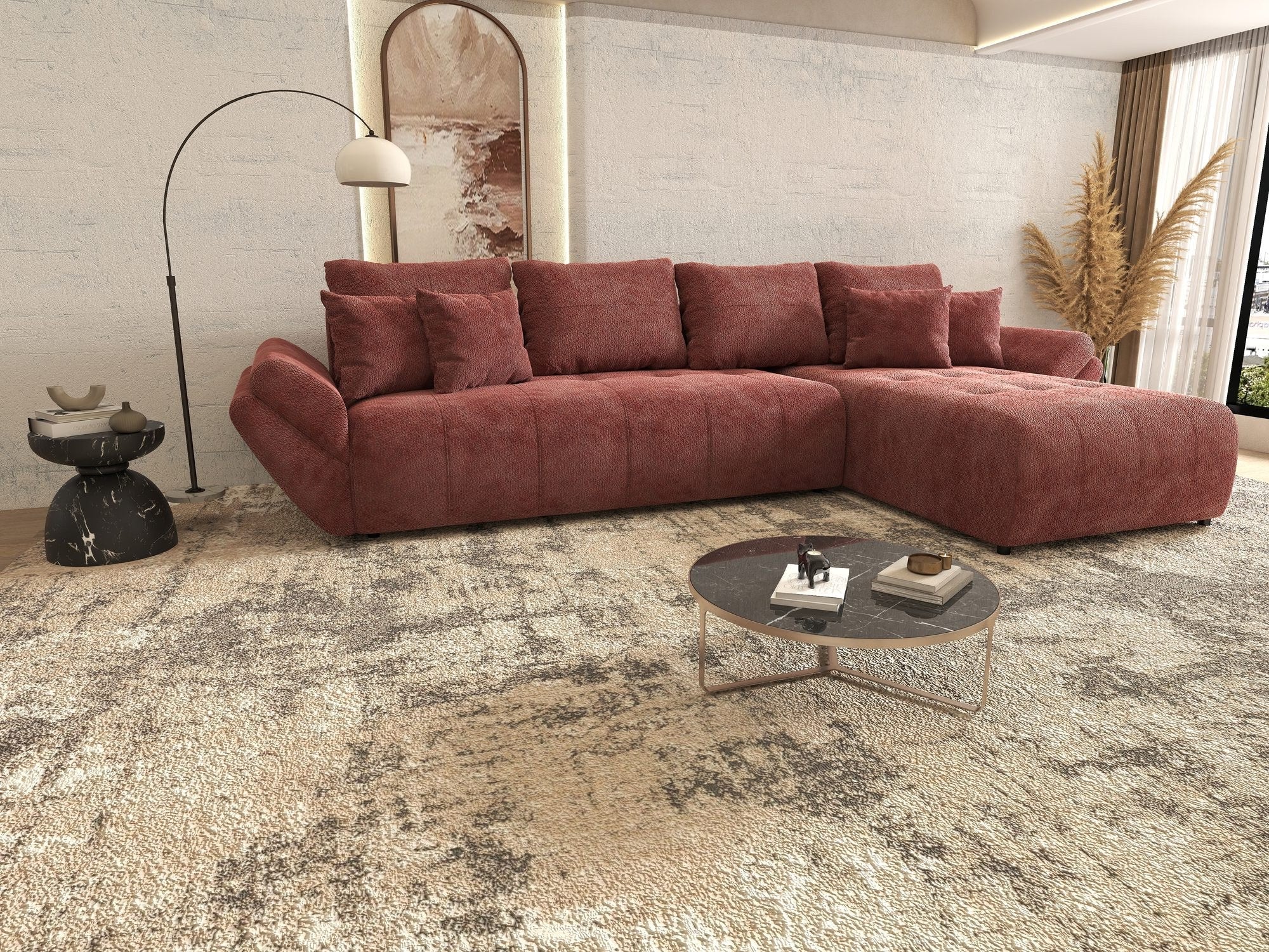 Colțar extensibil dumonde cu ladă de depozitare si sezut confortabil din spuma high-density, Berlin XL Vibe Rosu 58 II 350x185 cm