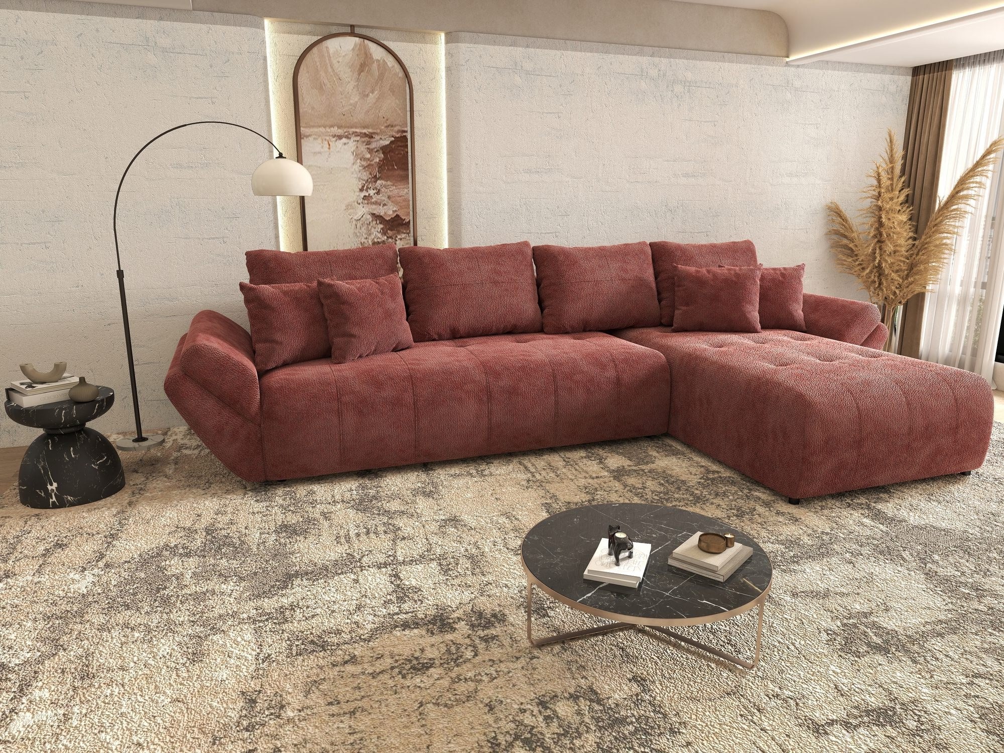 Colțar extensibil dumonde cu ladă de depozitare si sezut confortabil din spuma high-density, Berlin XL Vibe Rosu 58 II 350x185 cm