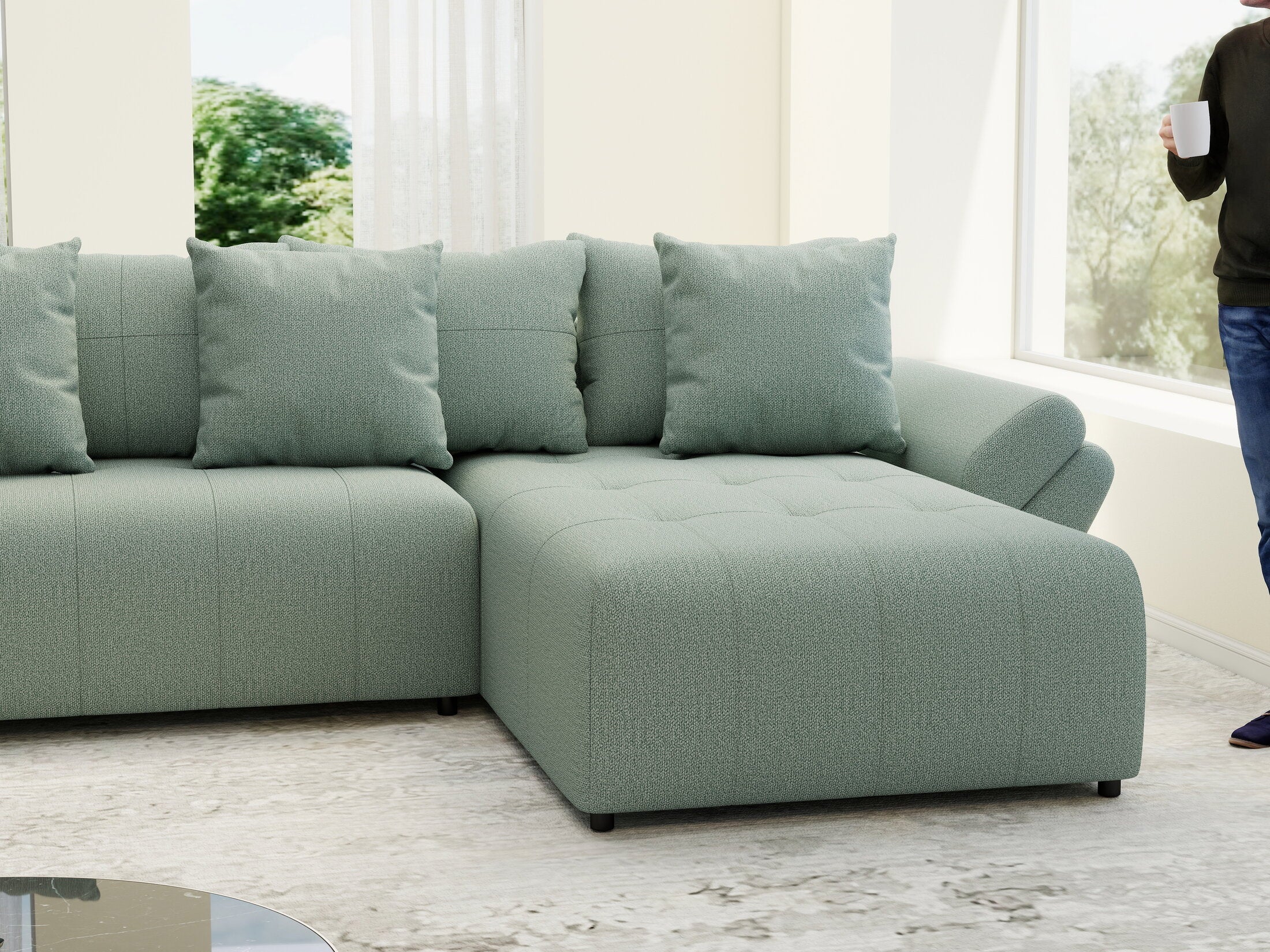 Colțar extensibil dumonde cu ladă de depozitare si sezut confortabil din spuma high-density, Berlin U Enjoy Mint 400x185 cm