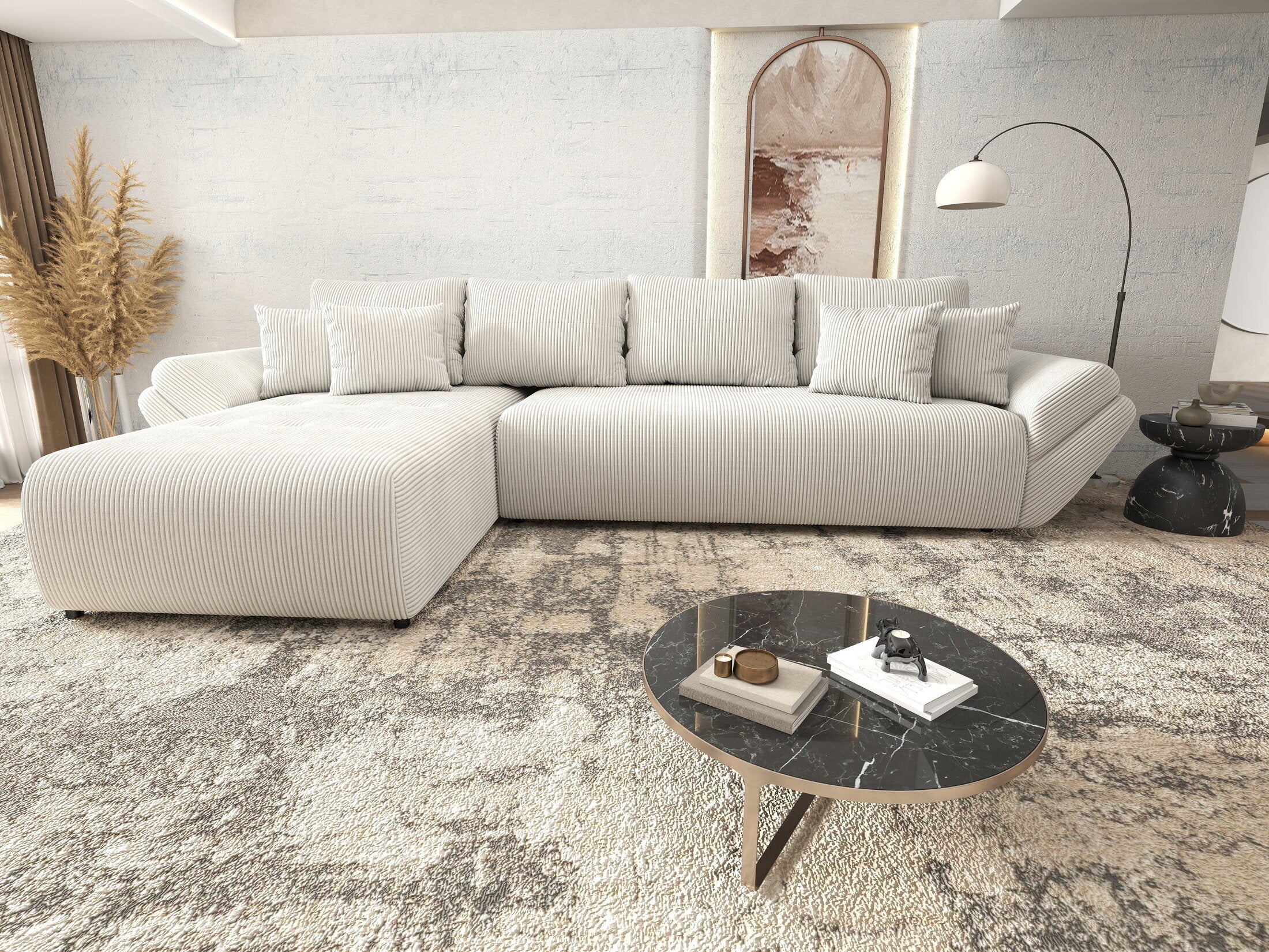 Colțar extensibil dumonde cu ladă de depozitare si sezut confortabil din spuma high-density, Berlin XL Zoom Crem 350x185 cm