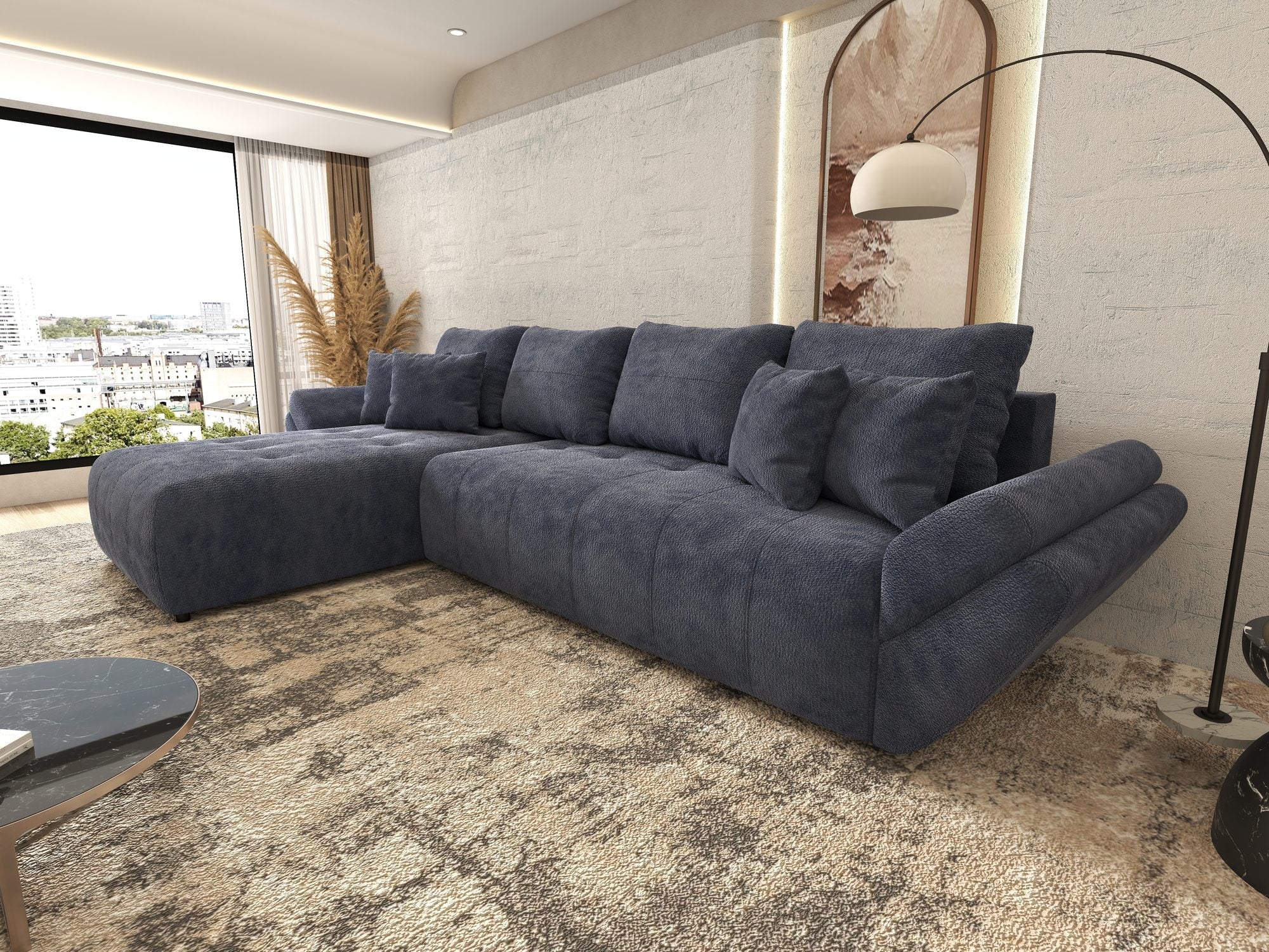 Colțar extensibil dumonde cu ladă de depozitare si sezut confortabil din spuma high-density, Berlin XL Vibe Albastru 79 350x185 cm