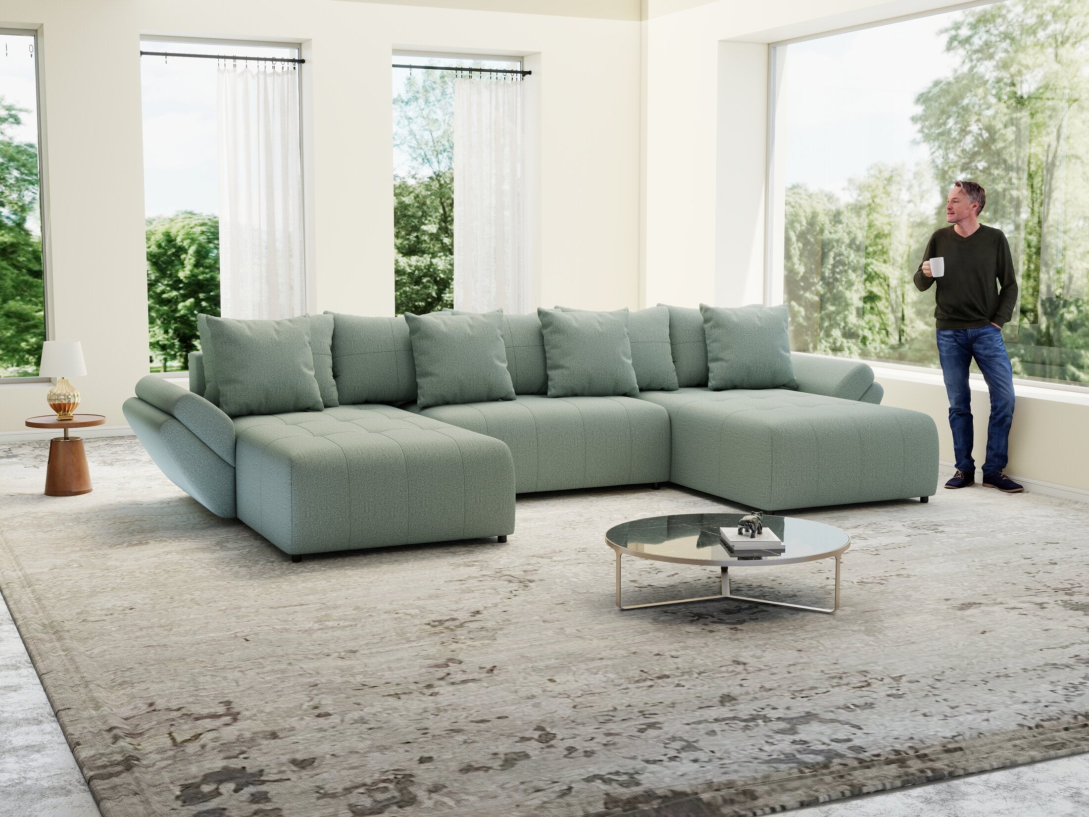 Colțar extensibil dumonde cu ladă de depozitare si sezut confortabil din spuma high-density, Berlin U Enjoy Mint 400x185 cm