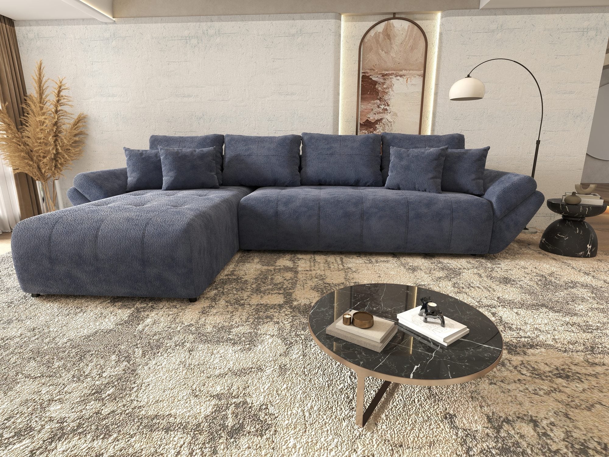 Colțar extensibil dumonde cu ladă de depozitare si sezut confortabil din spuma high-density, Berlin XL Vibe Albastru 79 350x185 cm