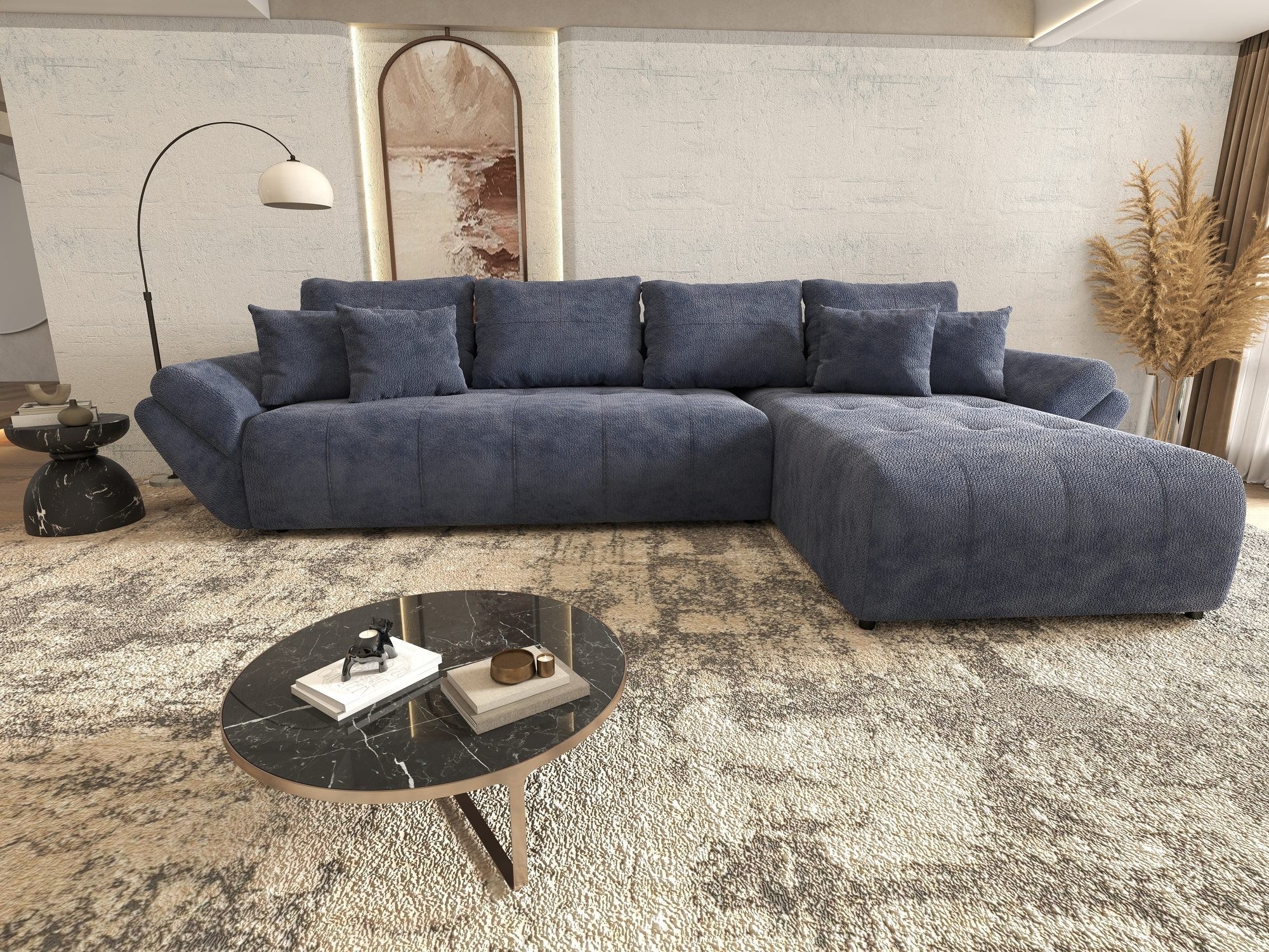 Colțar extensibil dumonde cu ladă de depozitare si sezut confortabil din spuma high-density, Berlin XL Vibe Albastru 79 II 350x185 cm