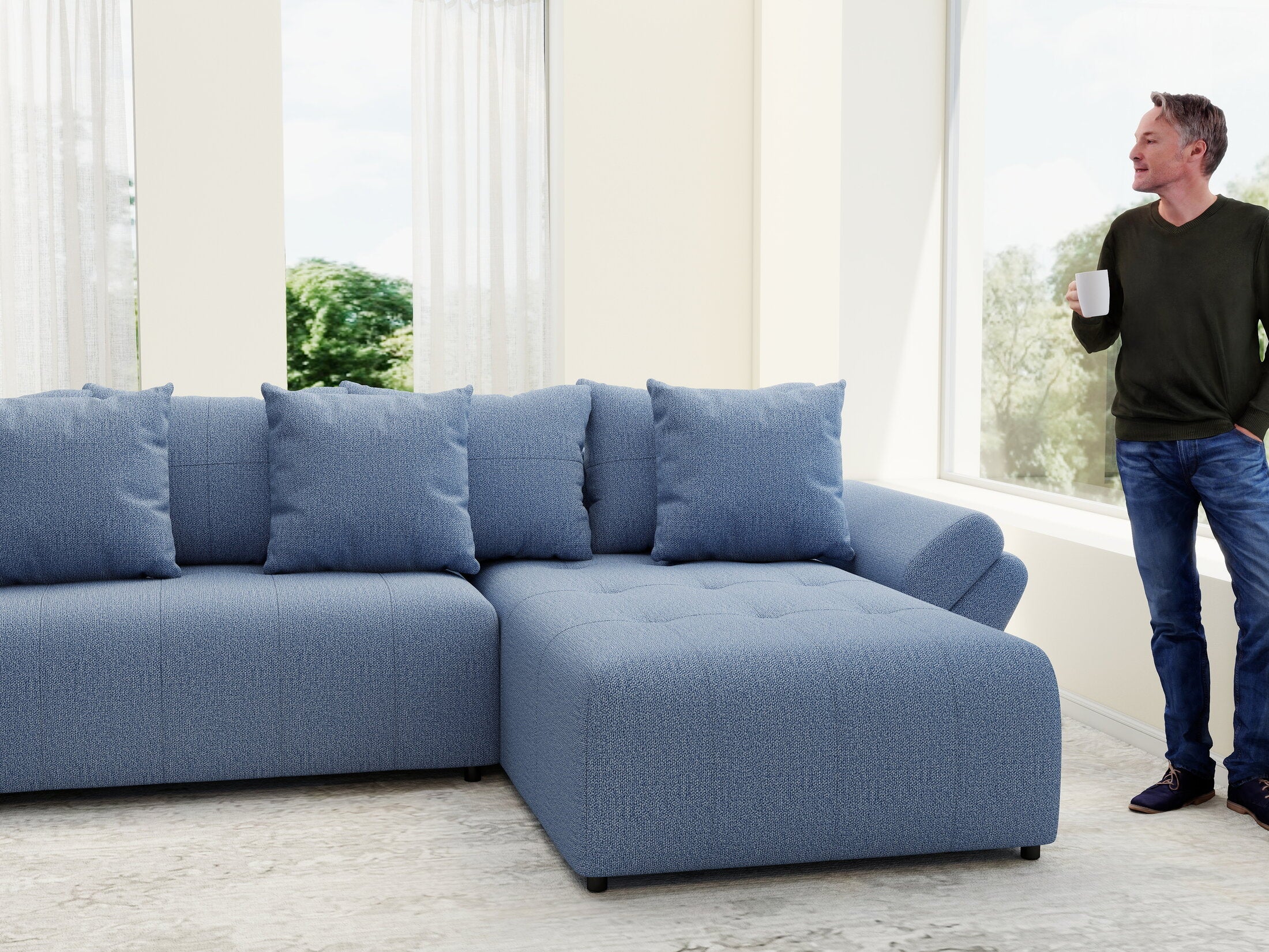 Colțar extensibil dumonde cu ladă de depozitare si sezut confortabil din spuma high-density, Berlin U Enjoy Blue 400x185 cm