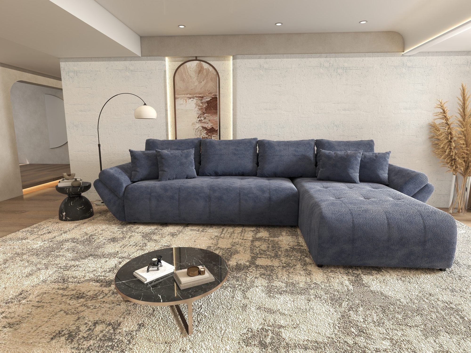 Colțar extensibil dumonde cu ladă de depozitare si sezut confortabil din spuma high-density, Berlin XL Vibe Albastru 79 II 350x185 cm