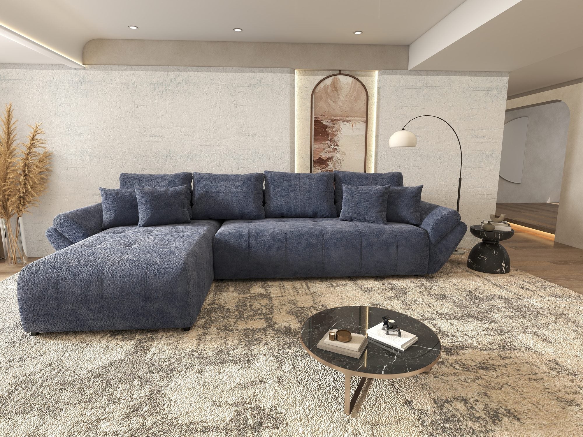 Colțar extensibil dumonde cu ladă de depozitare si sezut confortabil din spuma high-density, Berlin XL Vibe Albastru 79 350x185 cm