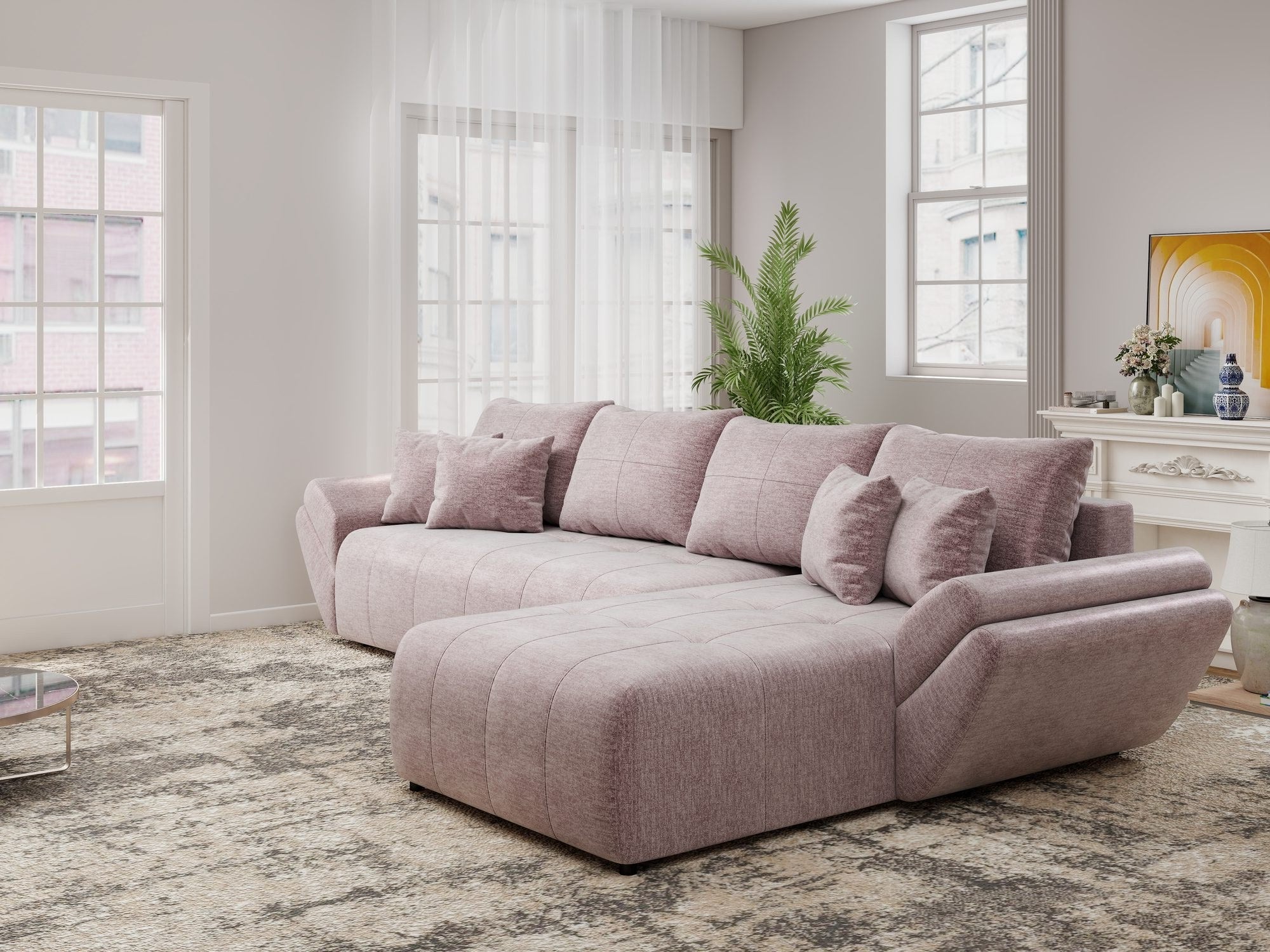Colțar extensibil dumonde cu ladă de depozitare si sezut confortabil din spuma high-density, Berlin XL Monolith Roz Pudrat 62 II 350x185 cm