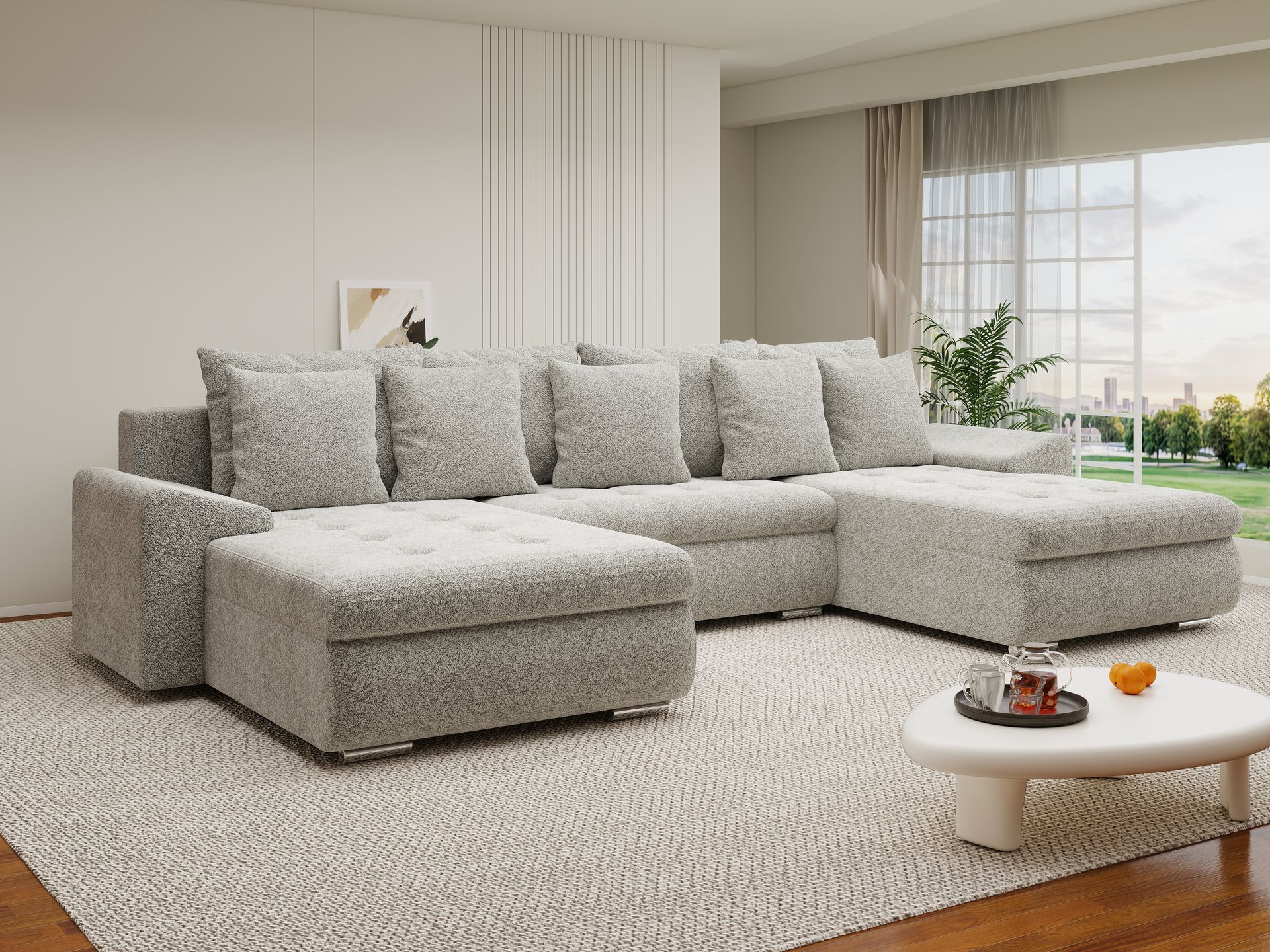 Colțar extensibil dumonde cu ladă de depozitare si sezut confortabil din spuma high-density, Leonardo U Arena Bej 02 360x185 cm