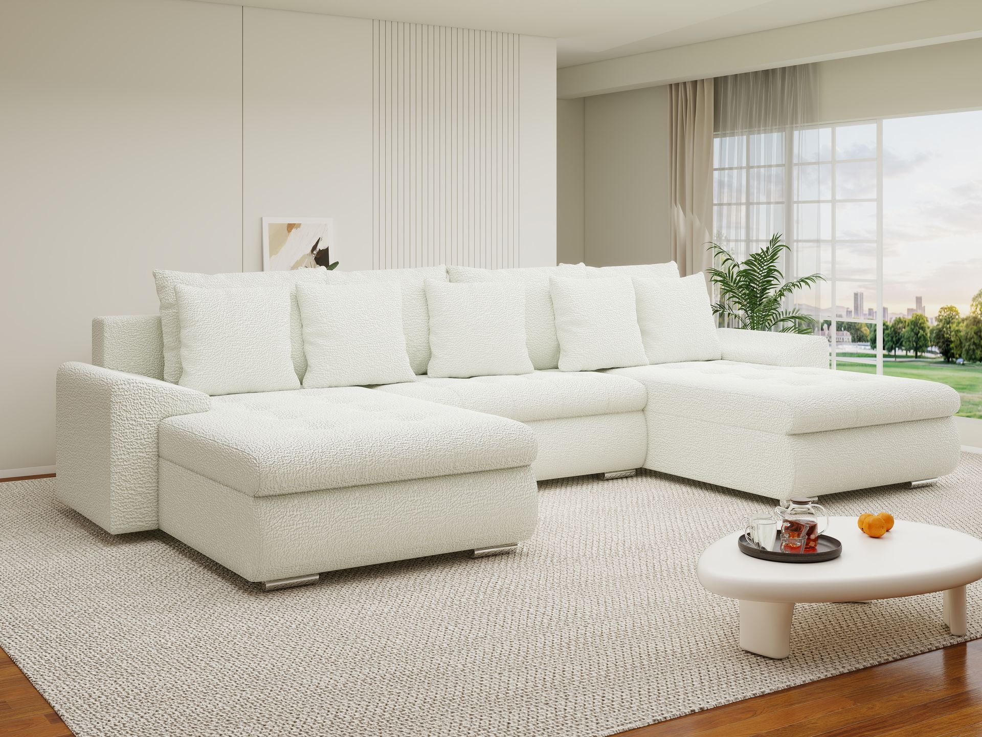Colțar extensibil dumonde cu ladă de depozitare si sezut confortabil din spuma high-density, Leonardo U Jaguar Ivory 01 360x185 cm