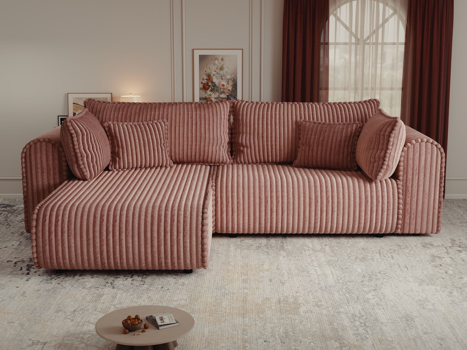 Colțar extensibil dumonde cu ladă de depozitare si sezut confortabil din spuma high-density, Monaco L Tilia Roz 270x100 cm