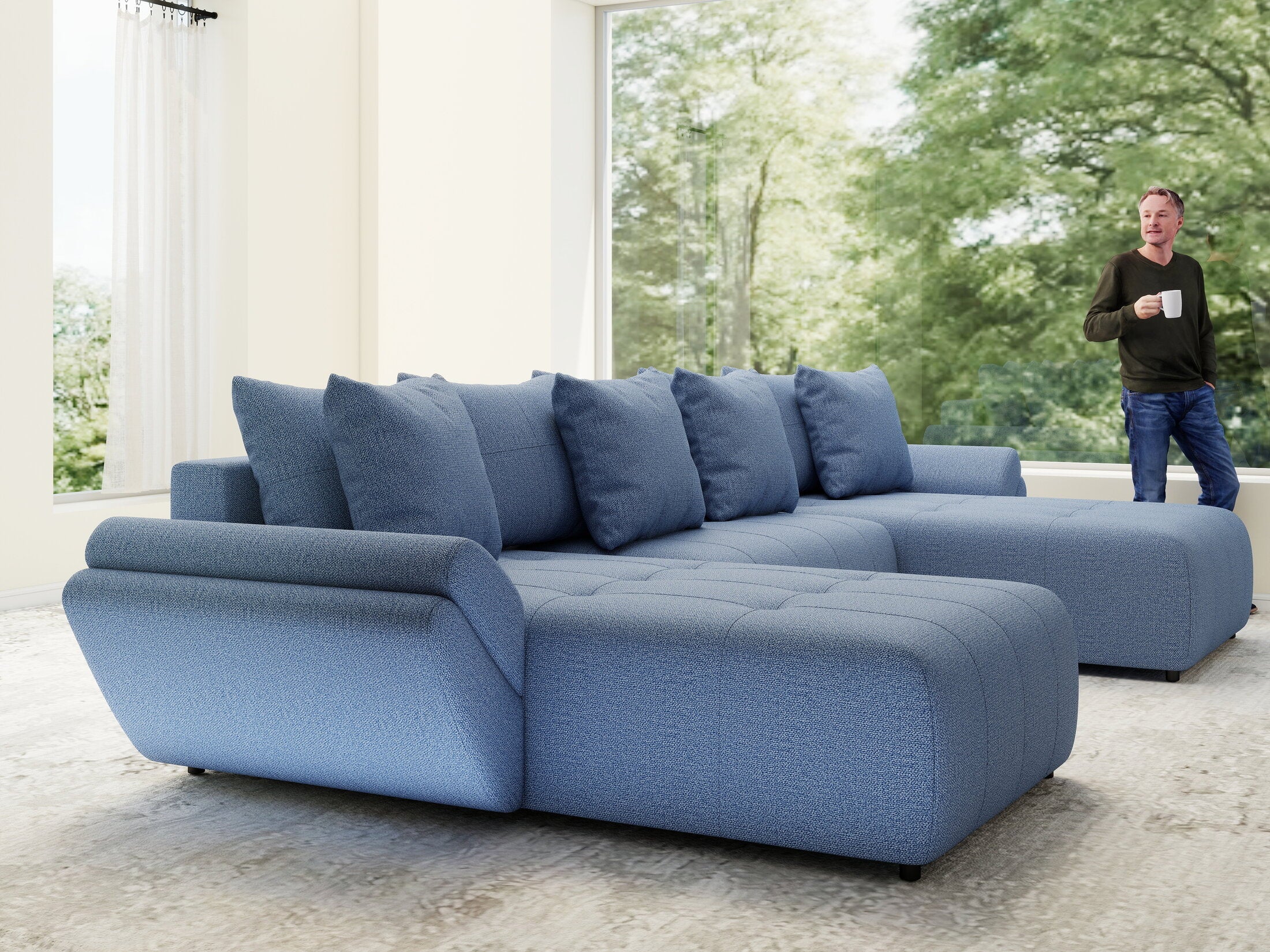Colțar extensibil dumonde cu ladă de depozitare si sezut confortabil din spuma high-density, Berlin U Enjoy Blue 400x185 cm