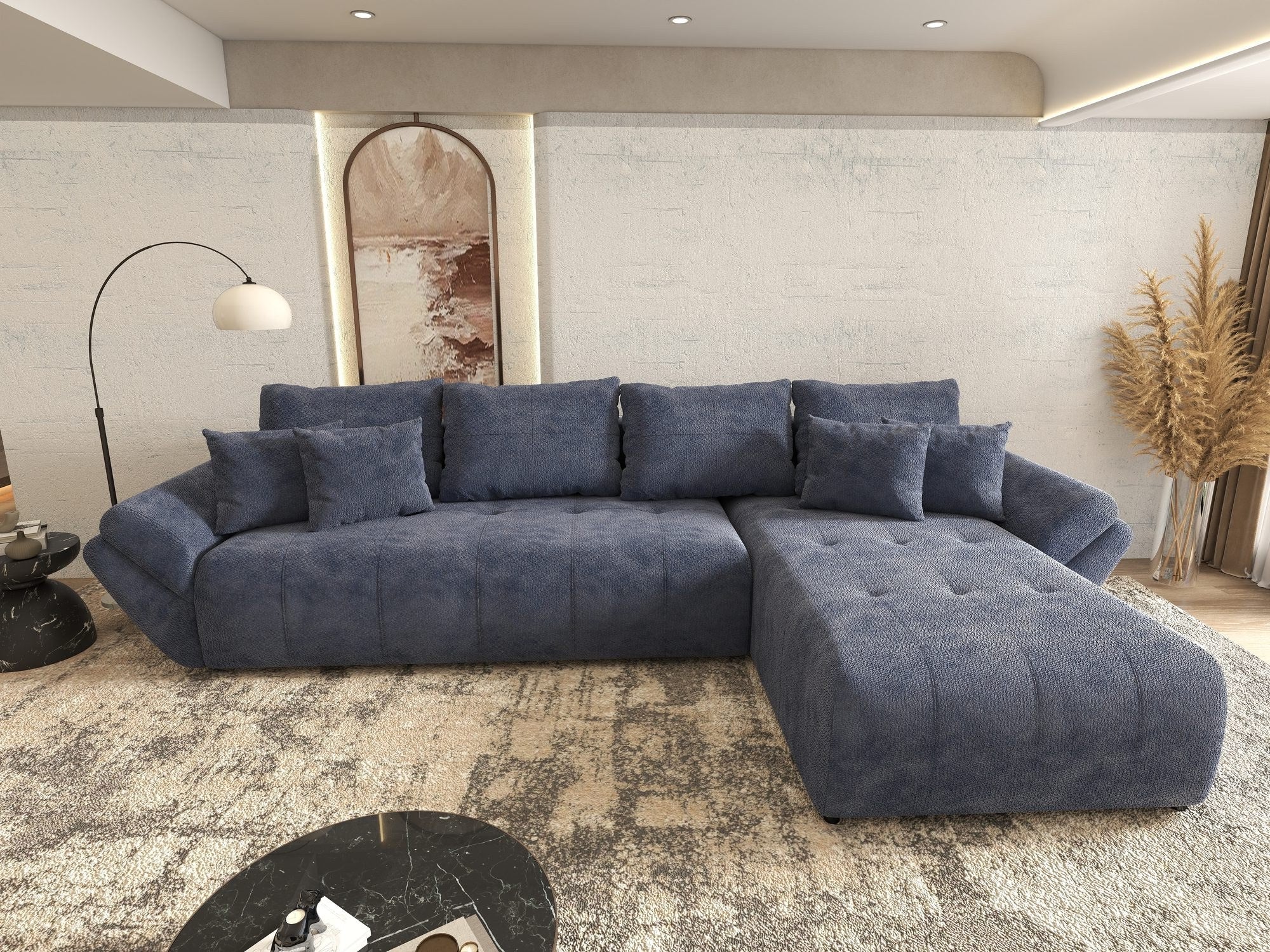 Colțar extensibil dumonde cu ladă de depozitare si sezut confortabil din spuma high-density, Berlin XL Vibe Albastru 79 II 350x185 cm