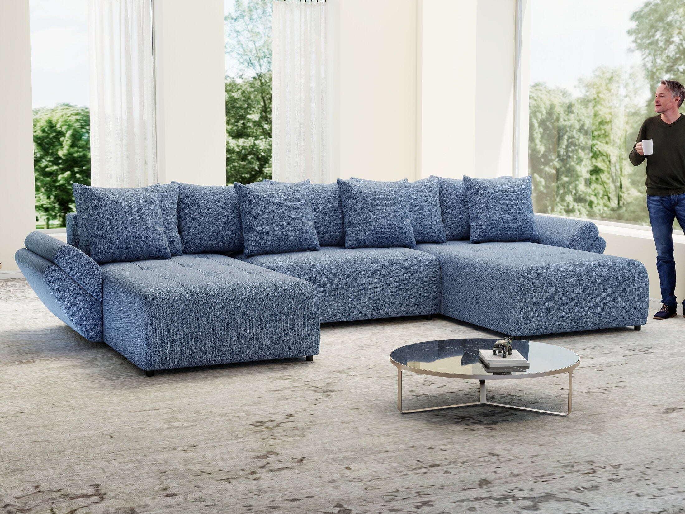 Colțar extensibil dumonde cu ladă de depozitare si sezut confortabil din spuma high-density, Berlin U Enjoy Blue 400x185 cm