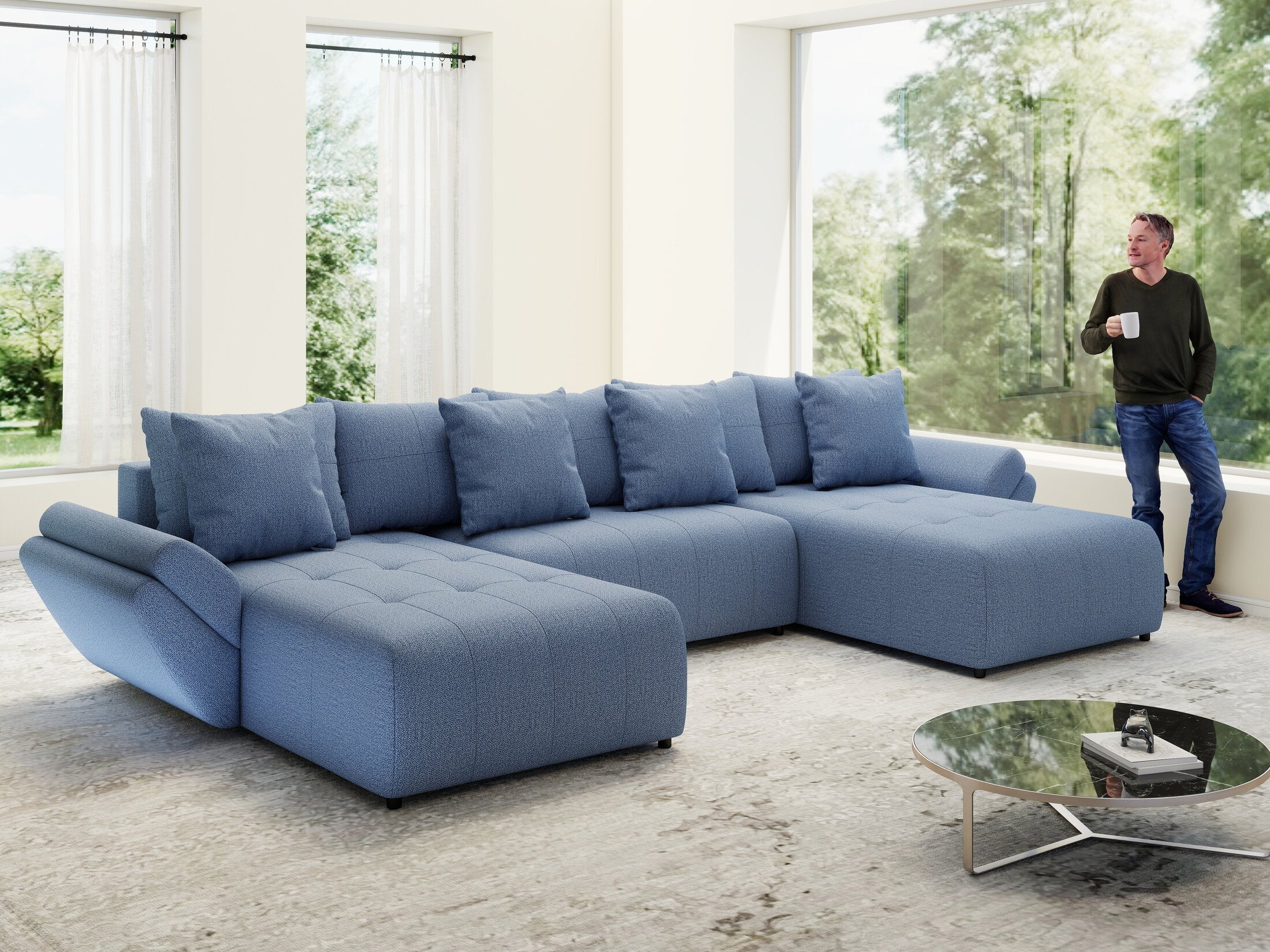 Colțar extensibil dumonde cu ladă de depozitare si sezut confortabil din spuma high-density, Berlin U Enjoy Blue 400x185 cm