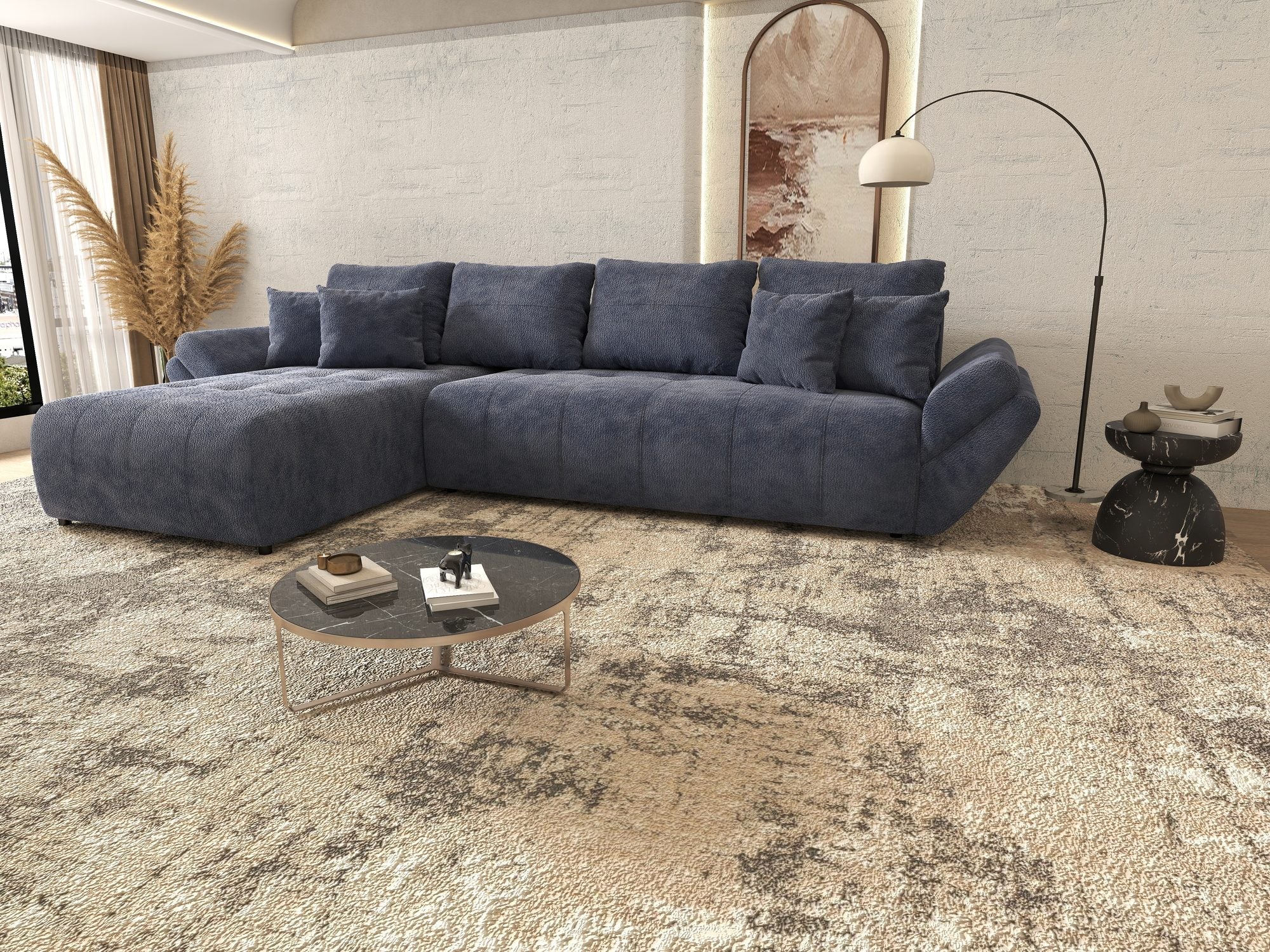 Colțar extensibil dumonde cu ladă de depozitare si sezut confortabil din spuma high-density, Berlin XL Vibe Albastru 79 350x185 cm