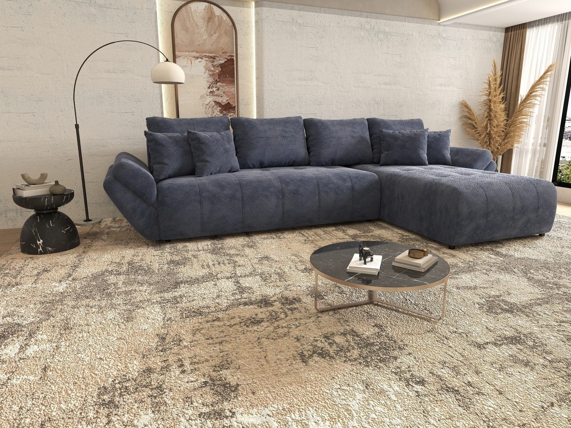 Colțar extensibil dumonde cu ladă de depozitare si sezut confortabil din spuma high-density, Berlin XL Vibe Albastru 79 II 350x185 cm