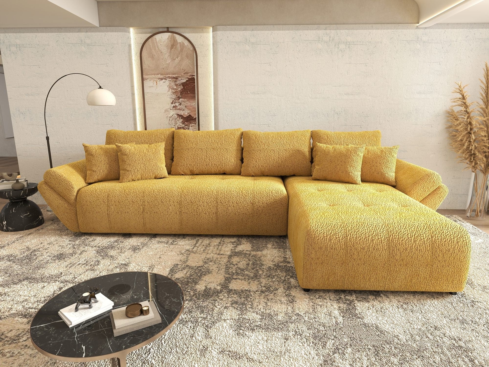 Colțar extensibil dumonde cu ladă de depozitare si sezut confortabil din spuma high-density, Berlin XL Jaguar Galben Mustar 11 II 350x185 cm