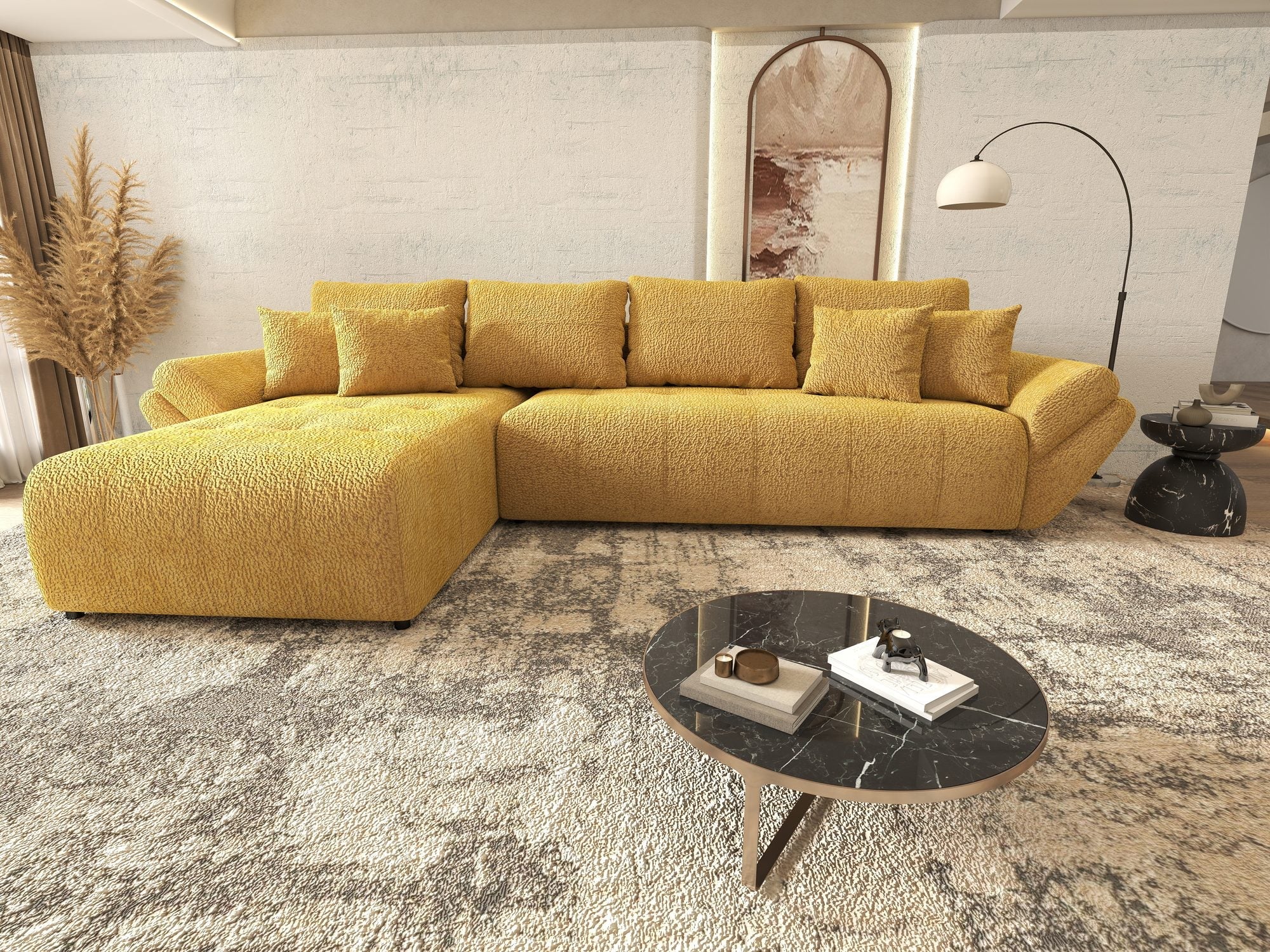 Colțar extensibil dumonde cu ladă de depozitare si sezut confortabil din spuma high-density, Berlin XL Jaguar Galben Mustar 11 350x185 cm