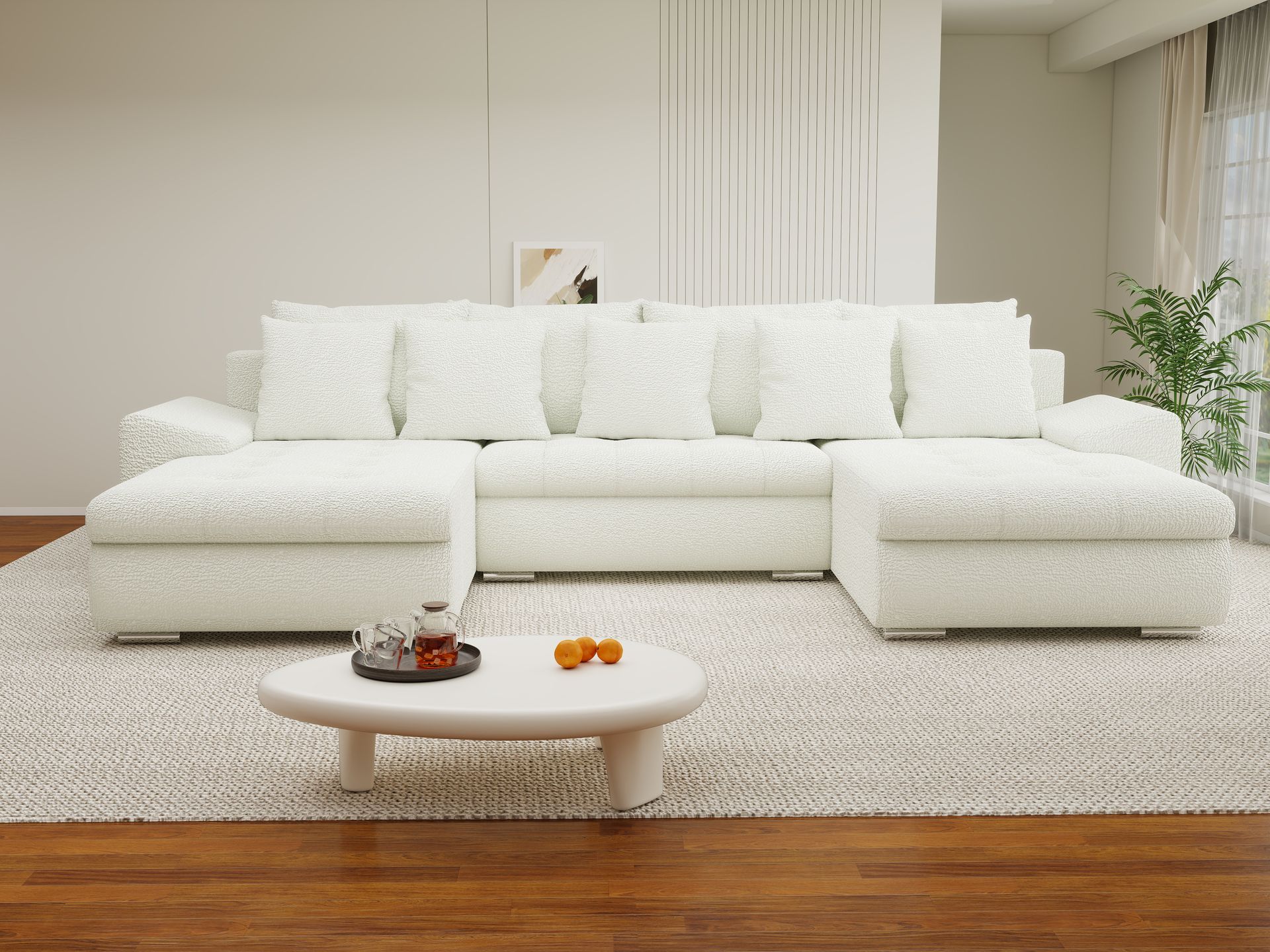 Colțar extensibil dumonde cu ladă de depozitare si sezut confortabil din spuma high-density, Leonardo U Jaguar Ivory 01 360x185 cm