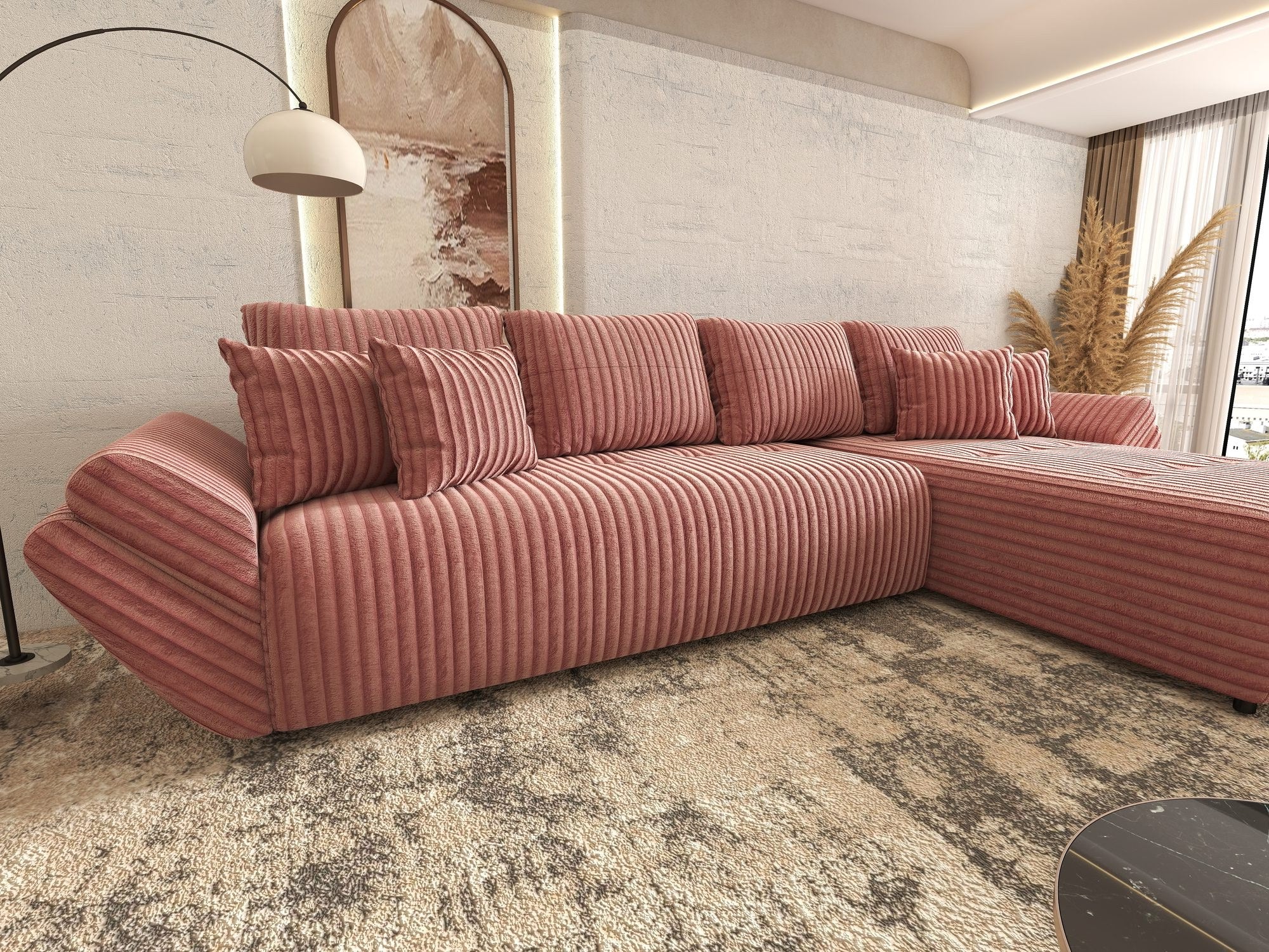 Colțar extensibil dumonde cu ladă de depozitare si sezut confortabil din spuma high-density, Berlin XL Tilia Roz Pudrat 62 II 350x185 cm