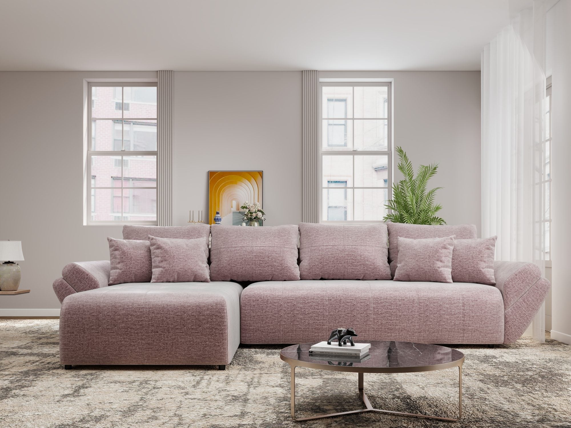 Colțar extensibil dumonde cu ladă de depozitare si sezut confortabil din spuma high-density, Berlin XL Monolith Roz Pudrat 62 350x185 cm