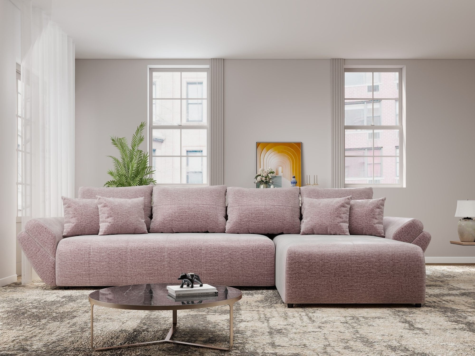 Colțar extensibil dumonde cu ladă de depozitare si sezut confortabil din spuma high-density, Berlin XL Monolith Roz Pudrat 62 II 350x185 cm