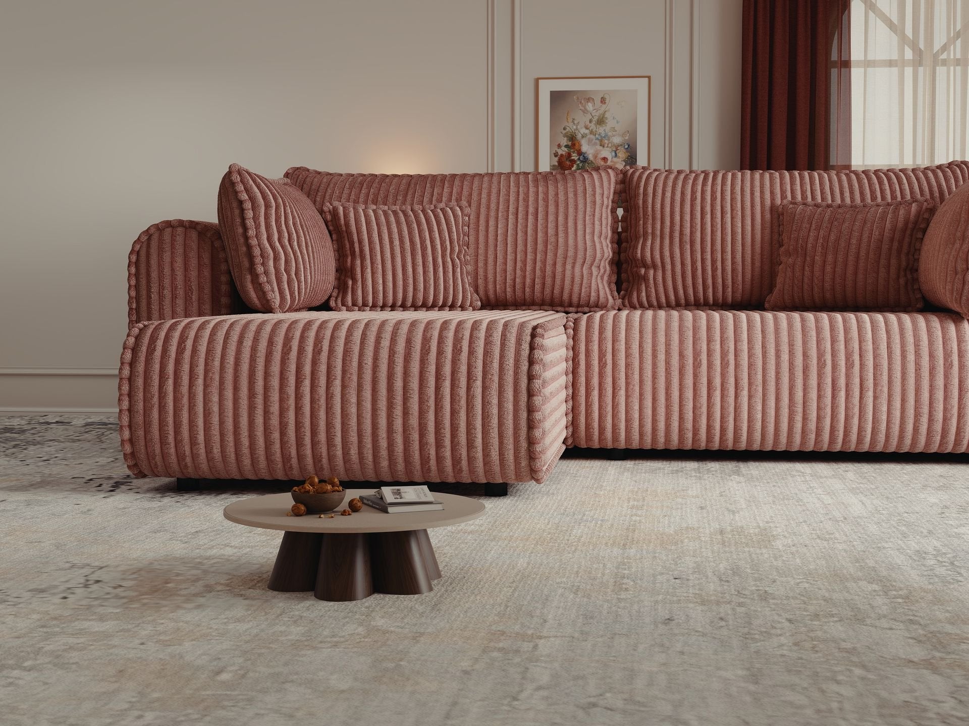 Colțar extensibil dumonde cu ladă de depozitare si sezut confortabil din spuma high-density, Monaco L Tilia Roz 270x100 cm