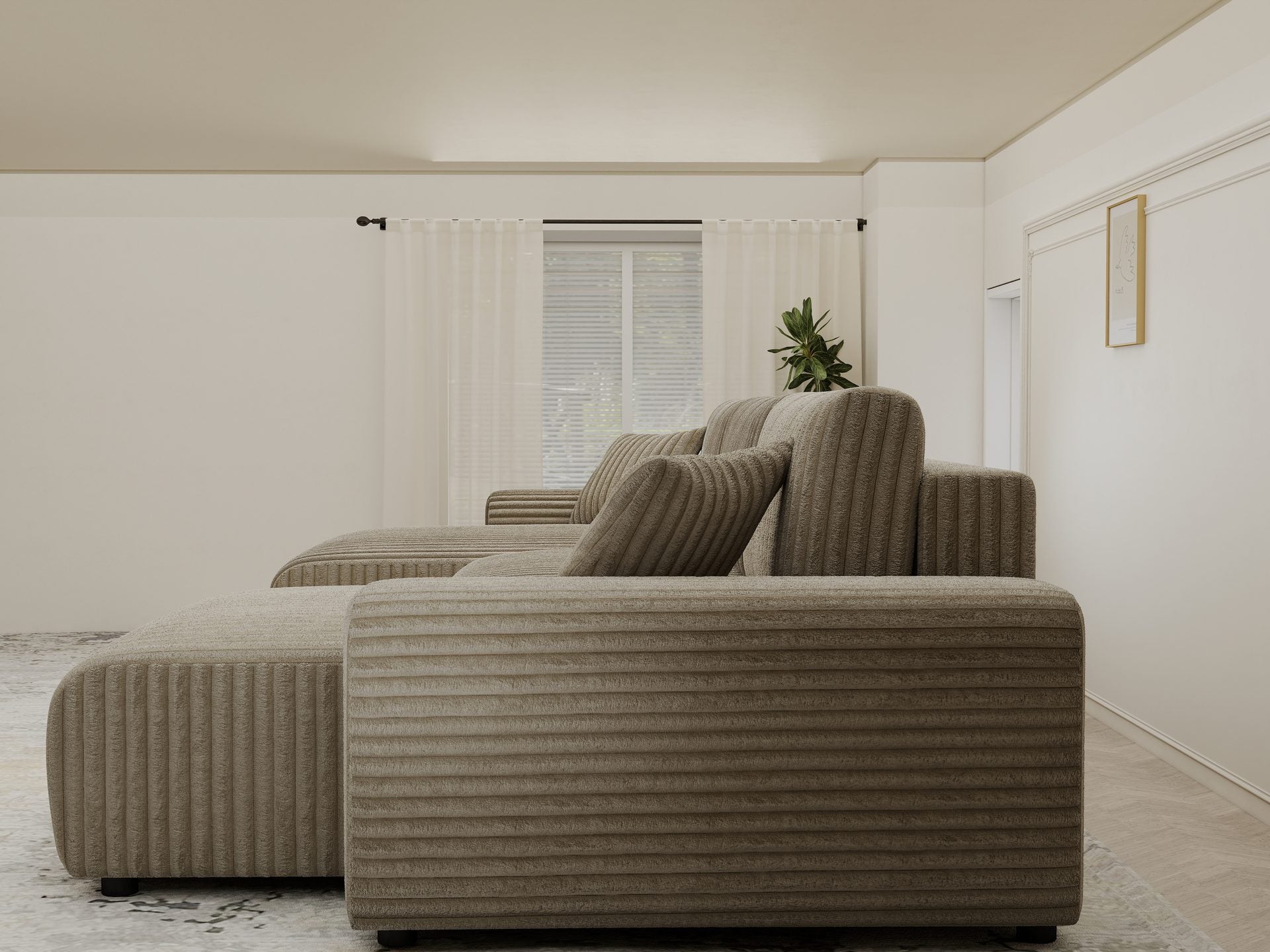 Dumonde kihúzható sarokkanapé tárolórekesszel és kényelmes, nagy sűrűségű habszivacs ülőfelülettel, Justin U Tilia gri 325x144 cm