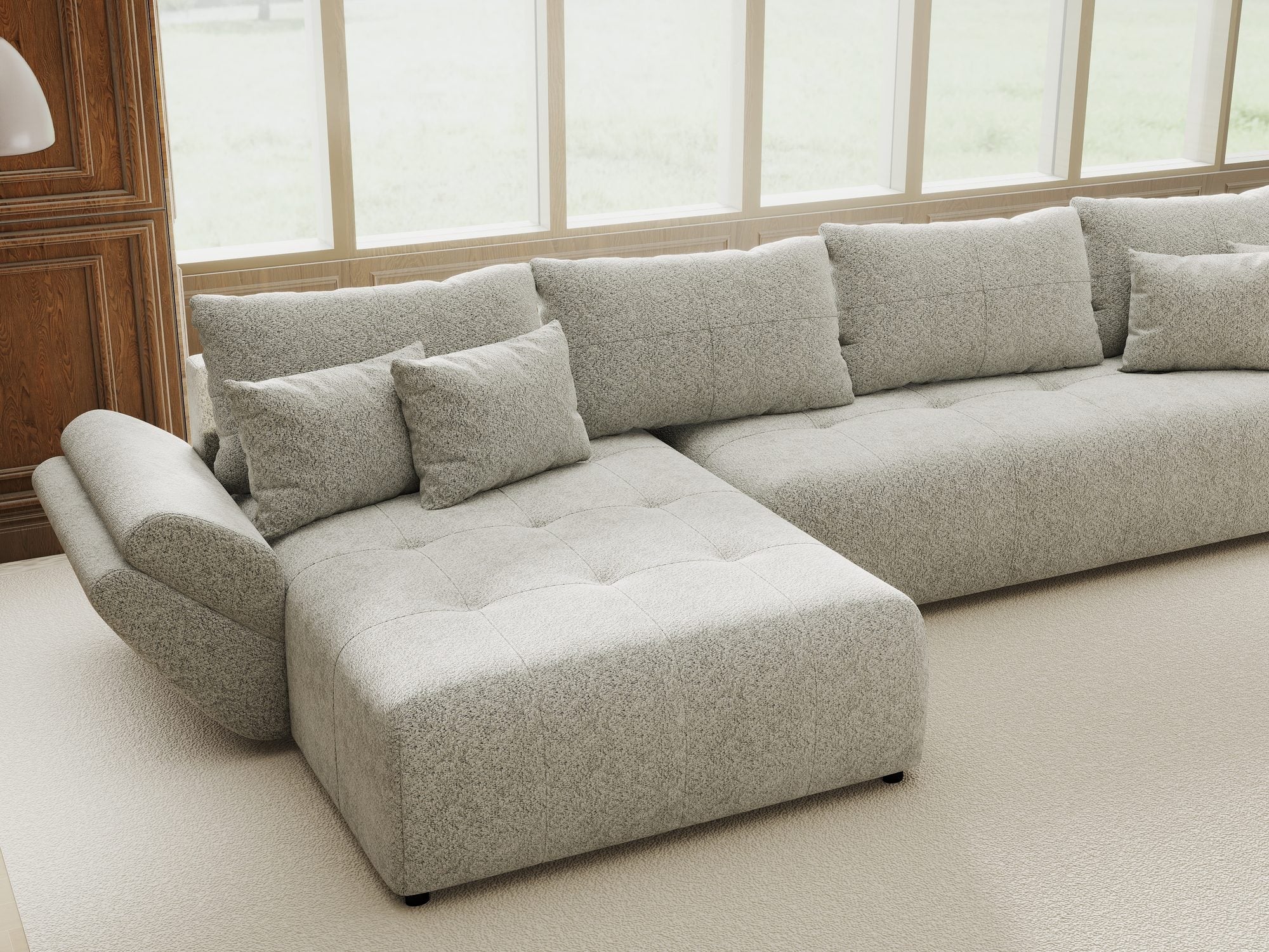 Colțar extensibil dumonde cu ladă de depozitare si sezut confortabil din spuma high-density, Berlin XL Arena Gri 15 350x185 cm