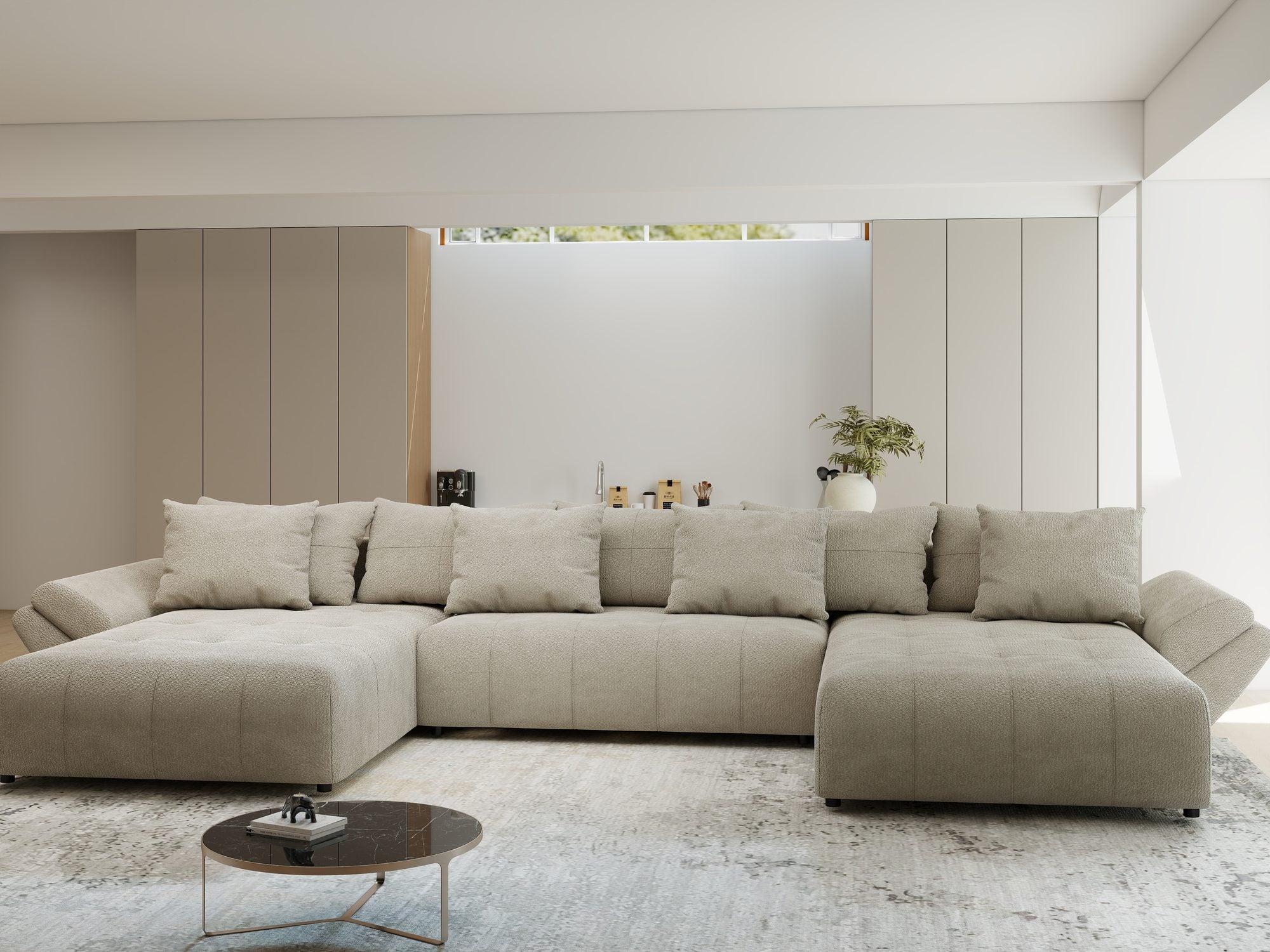 Colțar extensibil dumonde cu ladă de depozitare si sezut confortabil din spuma high-density, Berlin U Vibe Bej 06 380x180 cm