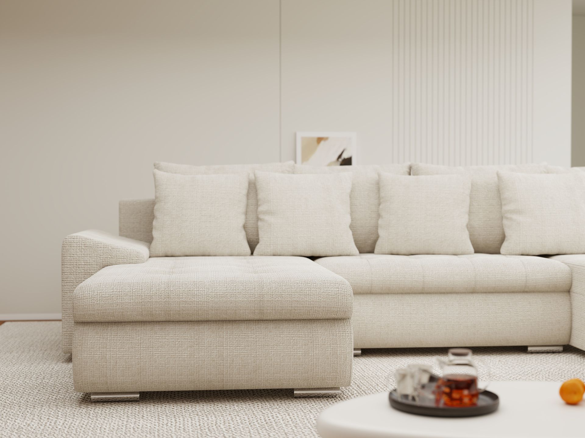 Colțar extensibil dumonde cu ladă de depozitare si sezut confortabil din spuma high-density, Leonardo U Cremona Gri Deschis 02 360x185 cm