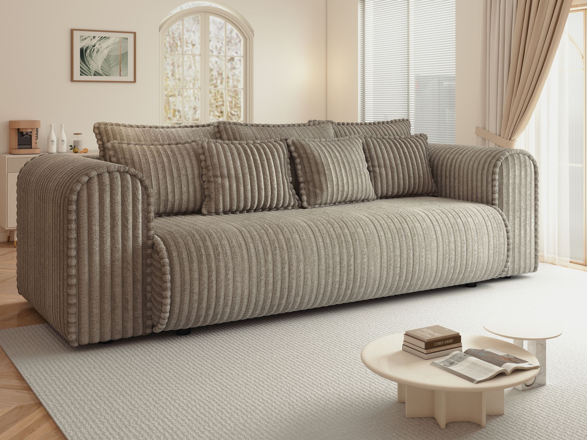 Canapea extensibilă dumonde cu ladă de depozitare si sezut confortabil din spuma high-density, Monaco Mica Tilia Capucino 240x100 cm